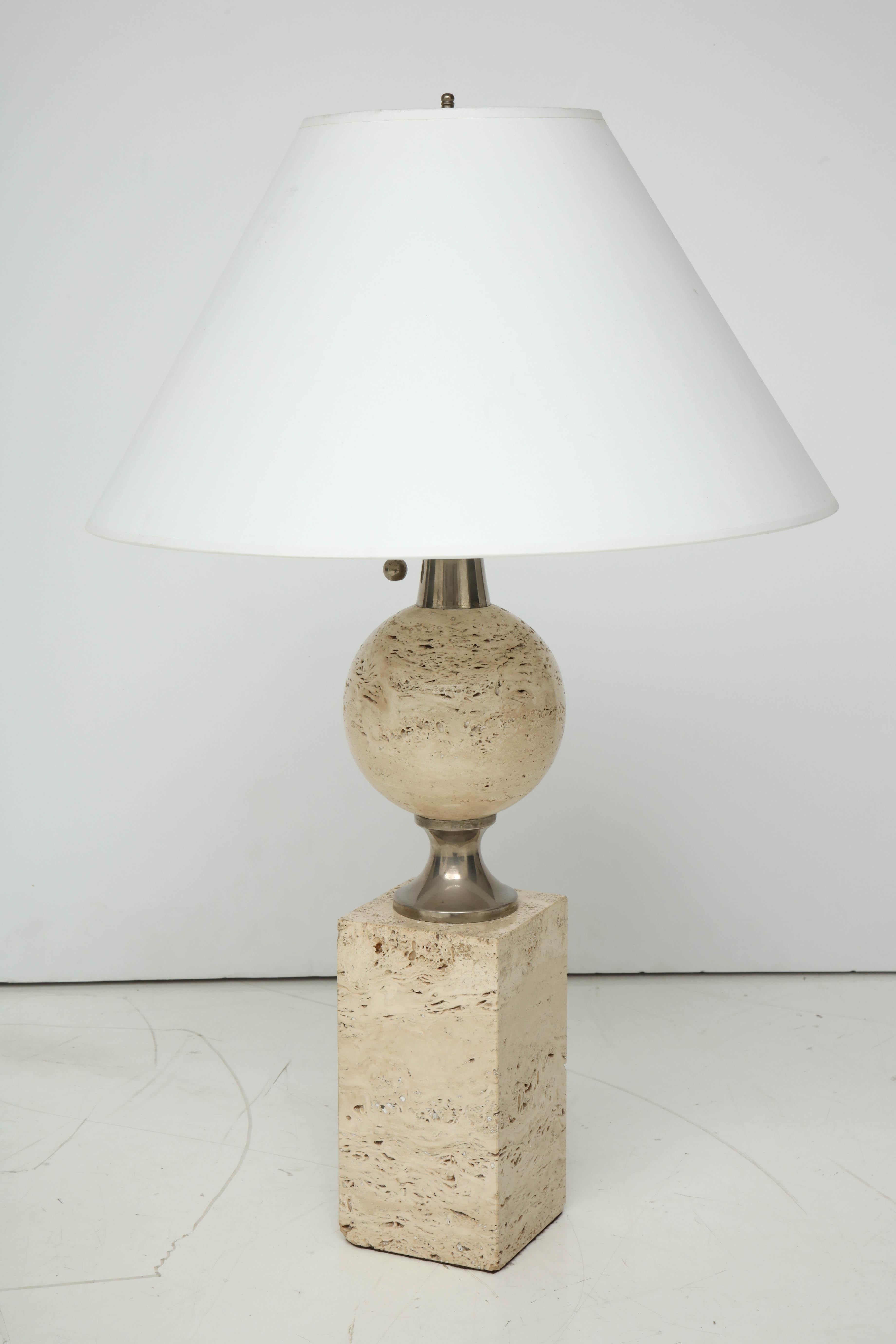 Mid-20th century travertine lamp, ball shaped centre on square base with polished chrome rod.