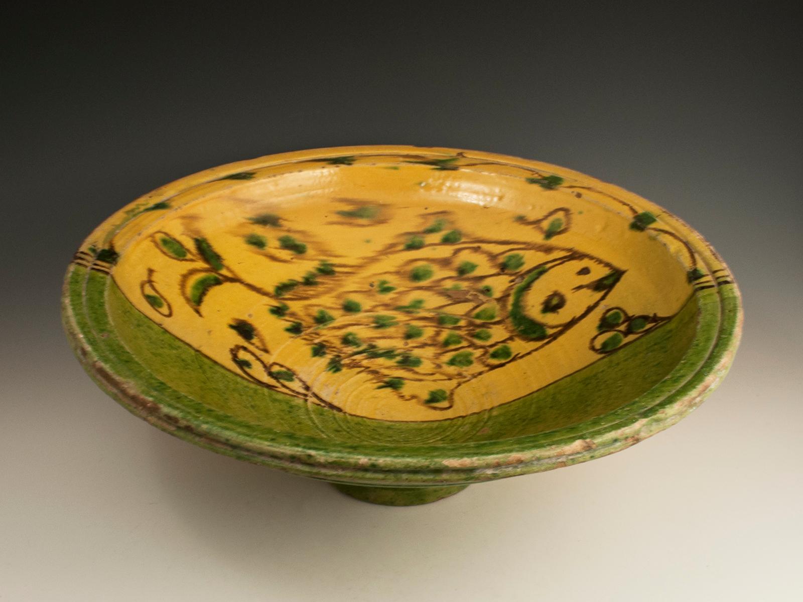 Hand-Crafted Mid-20th Century Tribal Ceramic Couscous Bowl with Fish Motif, Tunisia