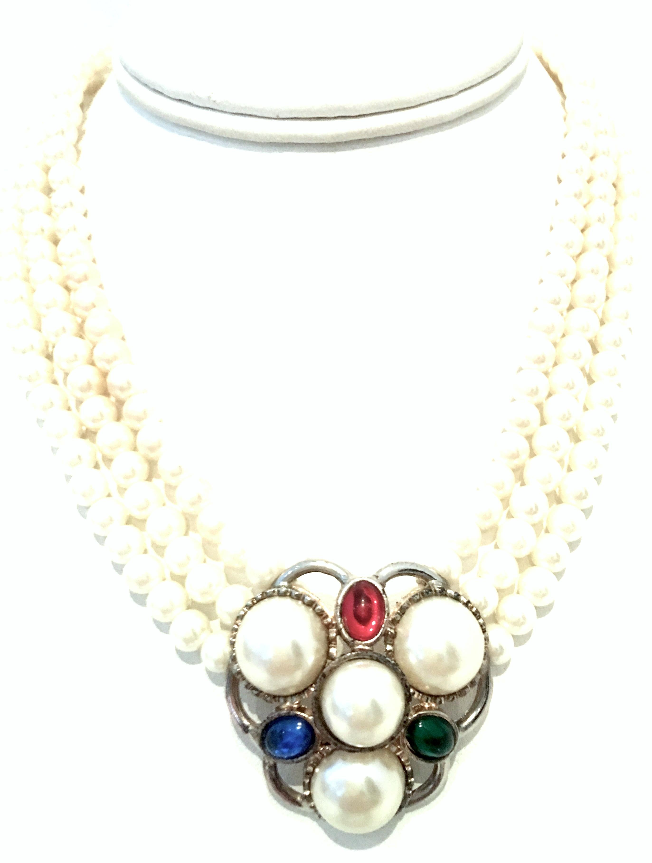 Mid-20th Century Triple Strand Faux Pearl & Austrian Crystal Choker Style Necklace. This finely crafted piece features, three strands of white faux pearl beads each measuring approximately, .25