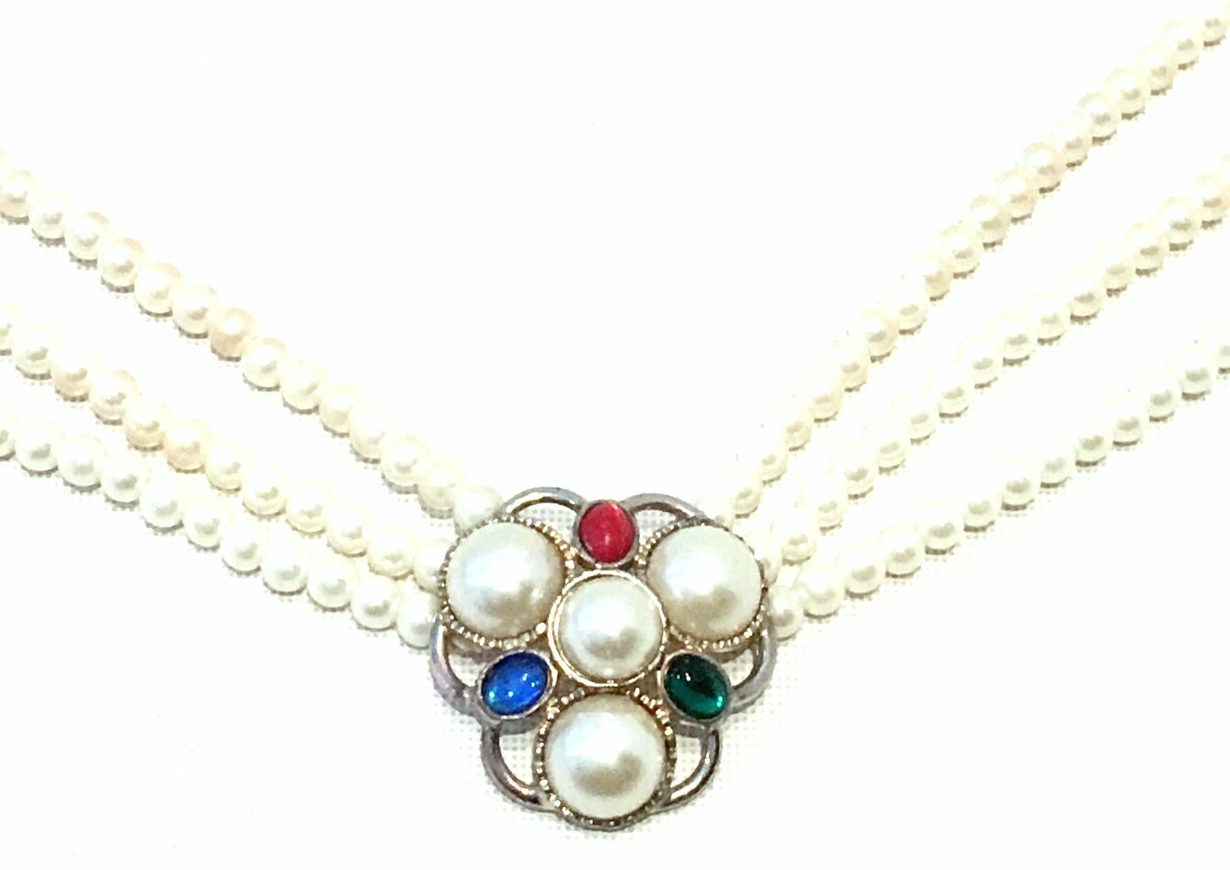 Women's or Men's Mid-20th Century Triple Strand Faux Pearl & Austrian Crystal Choker Necklace For Sale