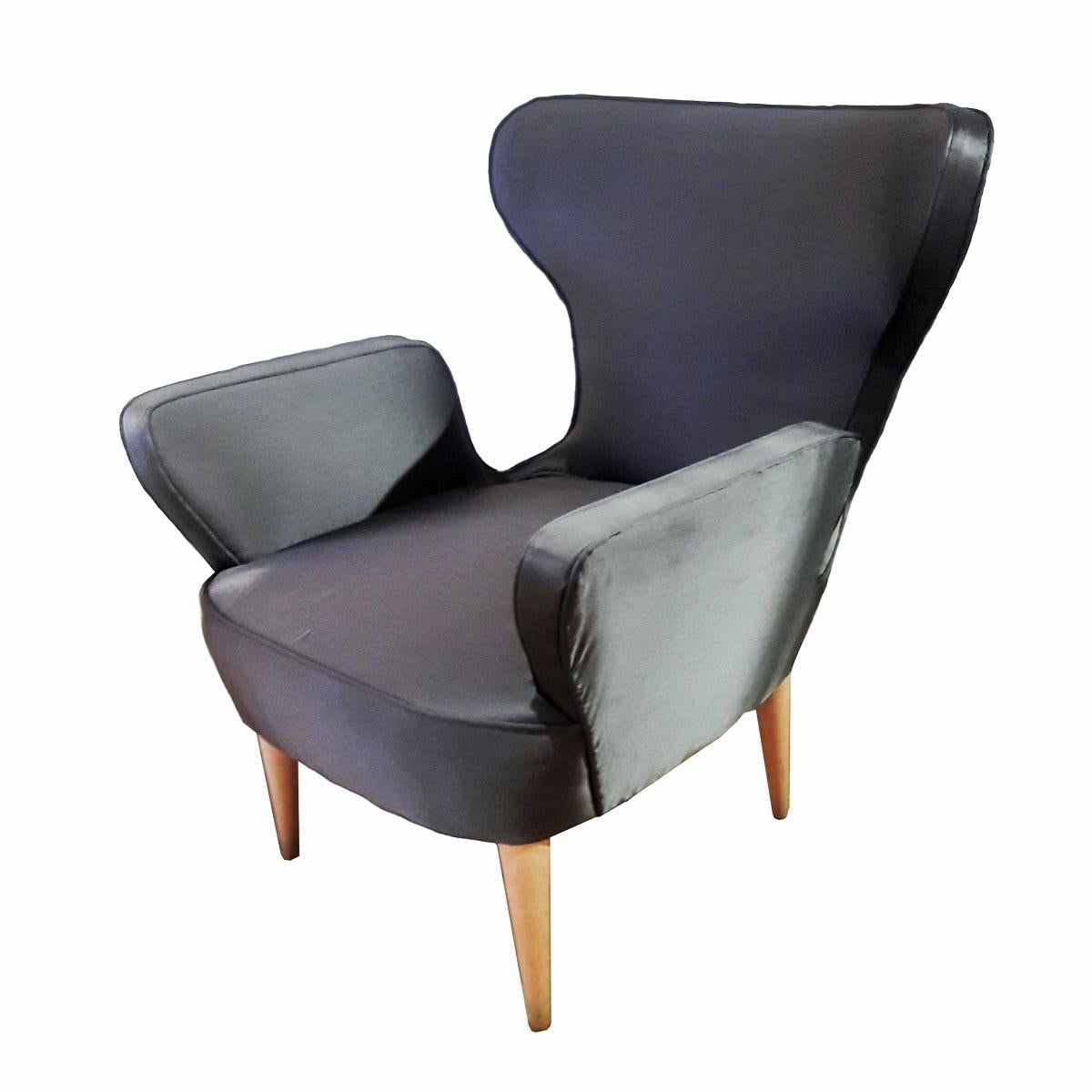 A Tulip-style chair, from Turkey. Slate gray silk upholstery, blonde wood tapered legs. Ideal size for an accent chair in small spaces.