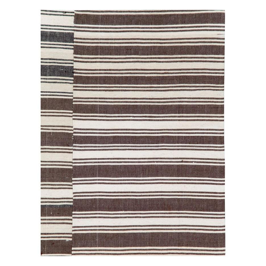 Modern Mid-20th Century Turkish Flat-Weave Kilim Accent Rug in Brown, Cream, & Black For Sale