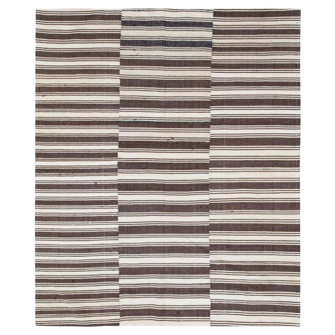 Mid-20th Century Turkish Flat-Weave Kilim Accent Rug in Brown, Cream, & Black For Sale