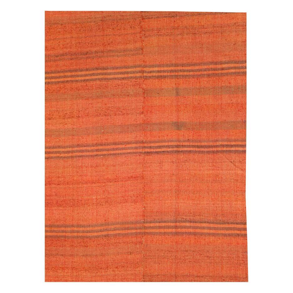 Modern Mid-20th Century Turkish Flat-Weave Kilim Small Room Size Carpet in Red Orange For Sale