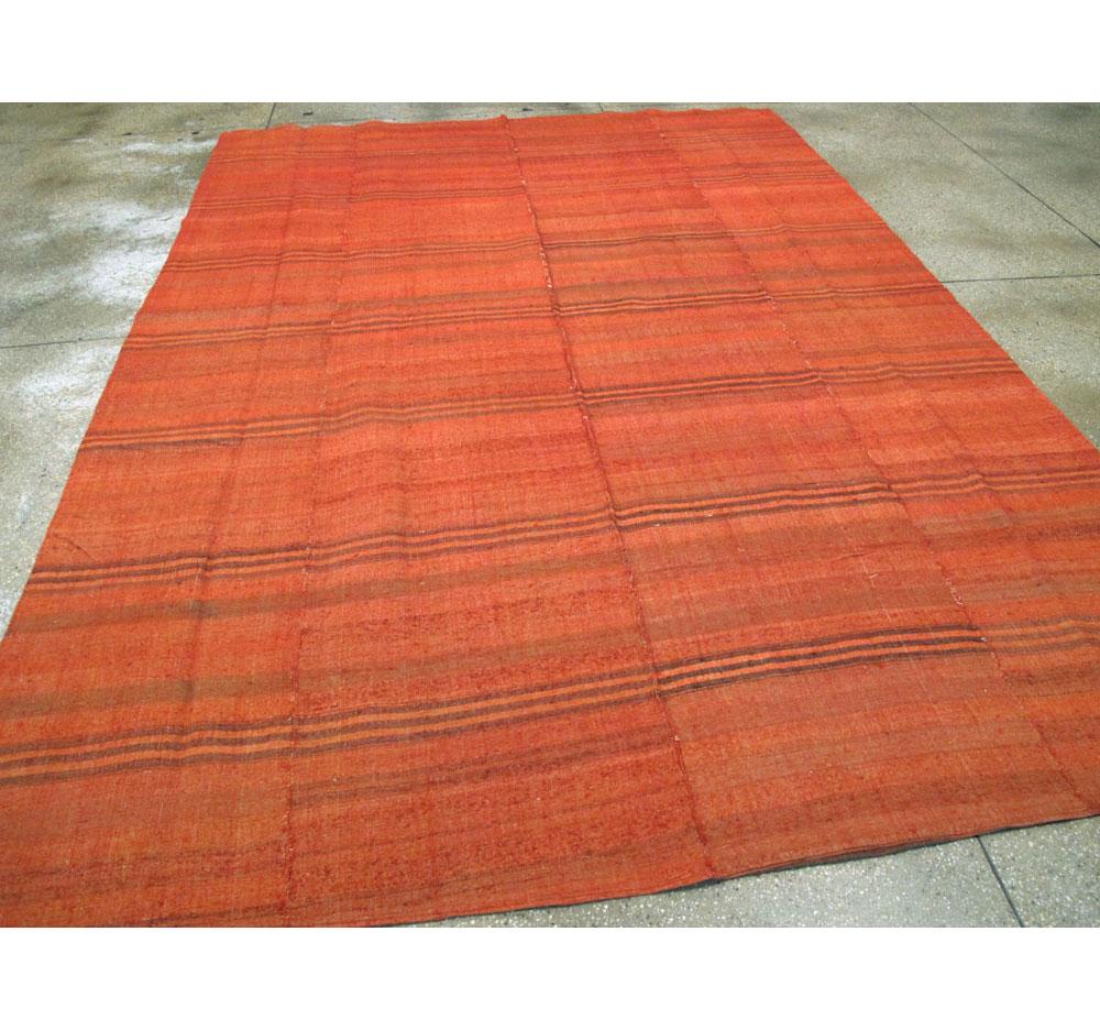 Hand-Woven Mid-20th Century Turkish Flat-Weave Kilim Small Room Size Carpet in Red Orange For Sale