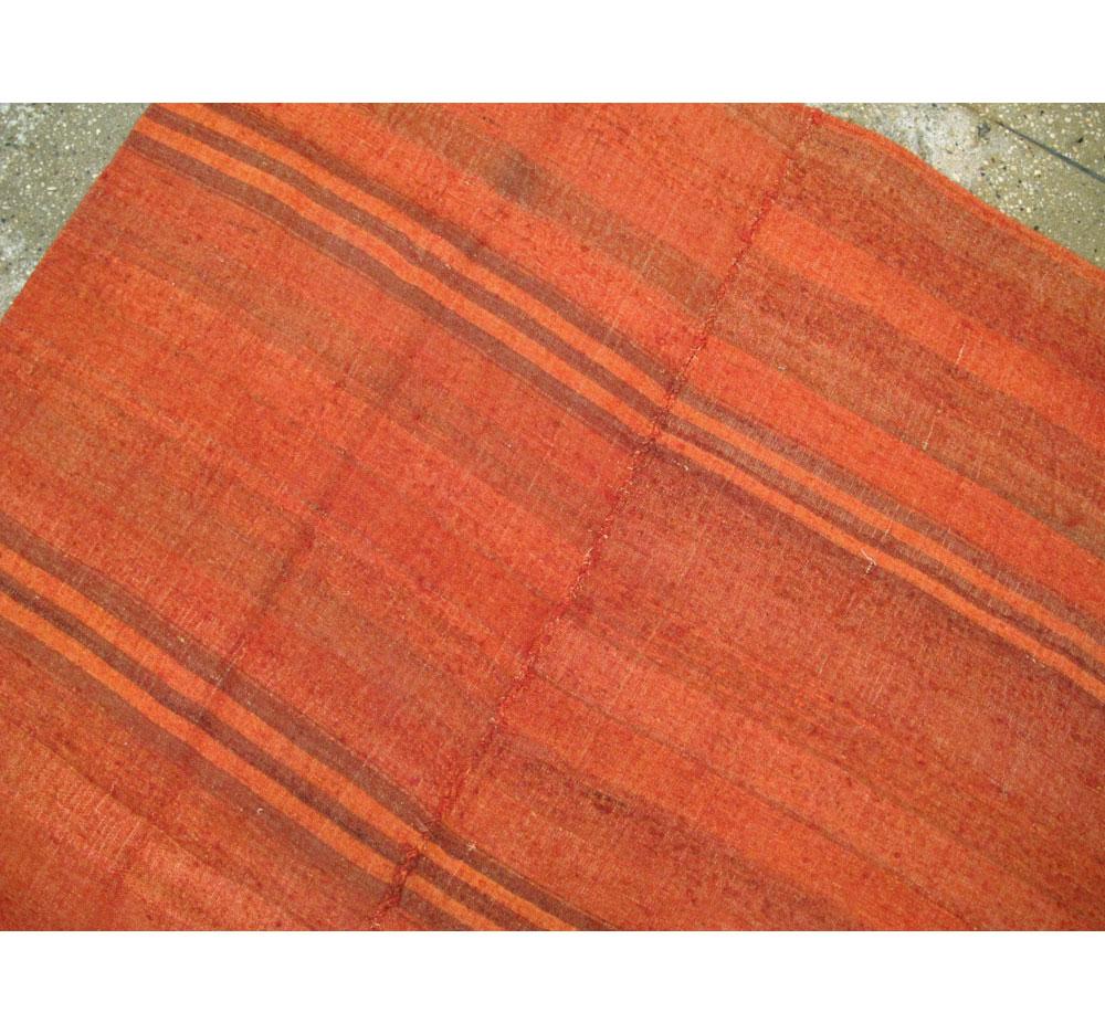 Wool Mid-20th Century Turkish Flat-Weave Kilim Small Room Size Carpet in Red Orange For Sale
