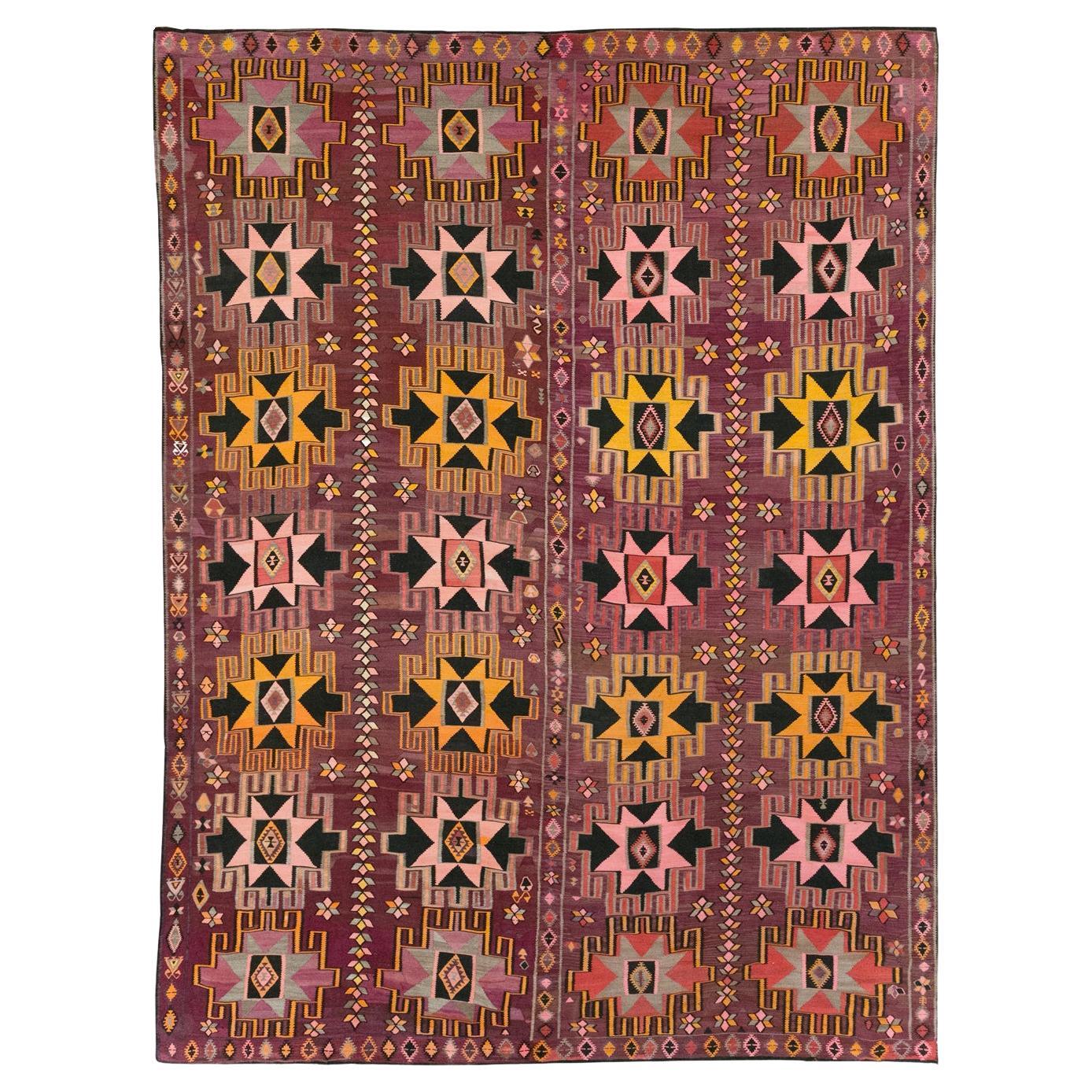 Tappeto turco a trama piatta Kilim della metà del XX secolo, di grandi dimensioni, ROOMS