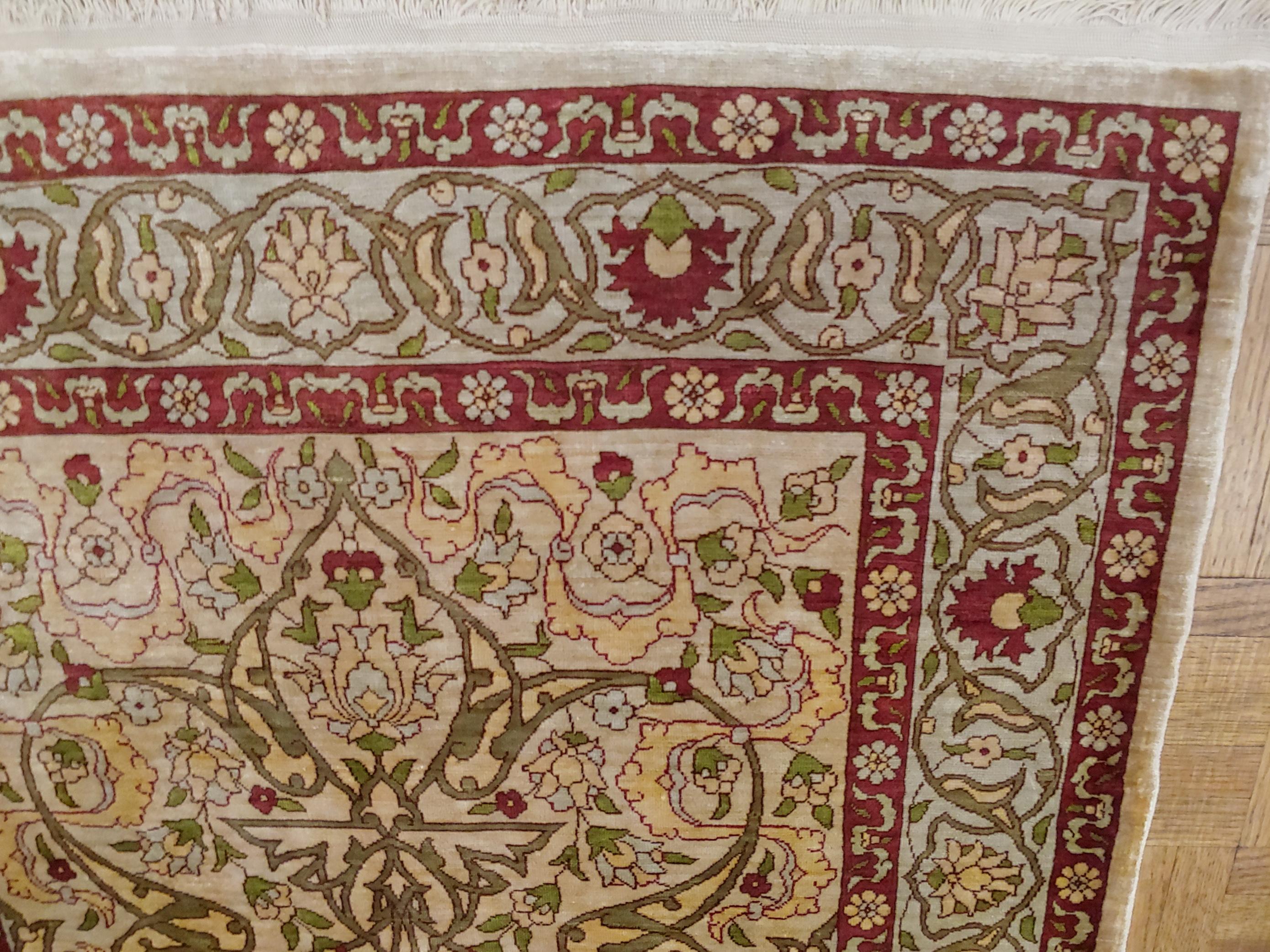 Mid-20th Century Turkish Hereke Ivory, Silk, Gold Embroidery, 1950, 800KPSI For Sale 1