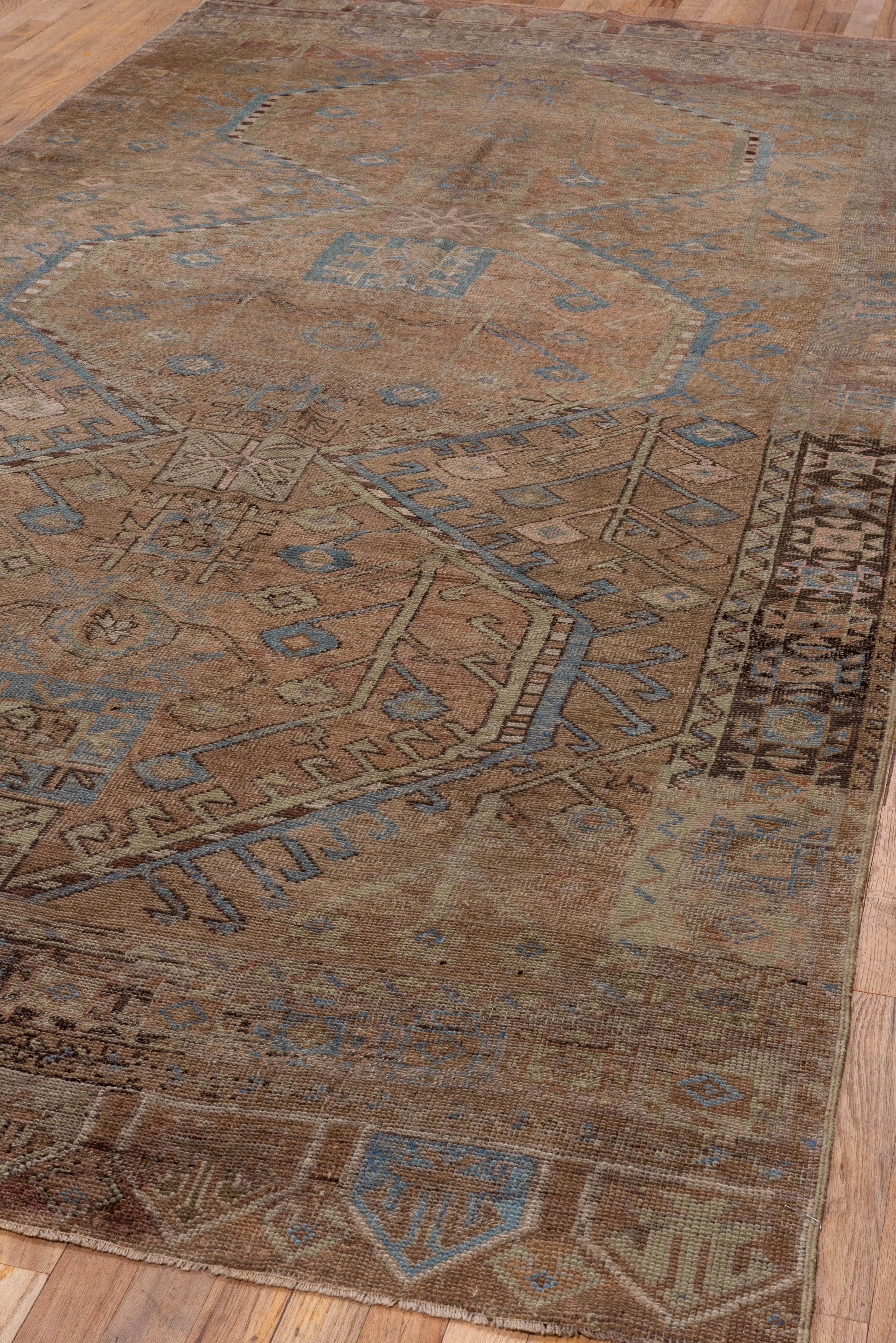 Hand-Knotted Mid 20th Century Turkish Oushak Gallery Rug, Brown Field & Blue Accents For Sale