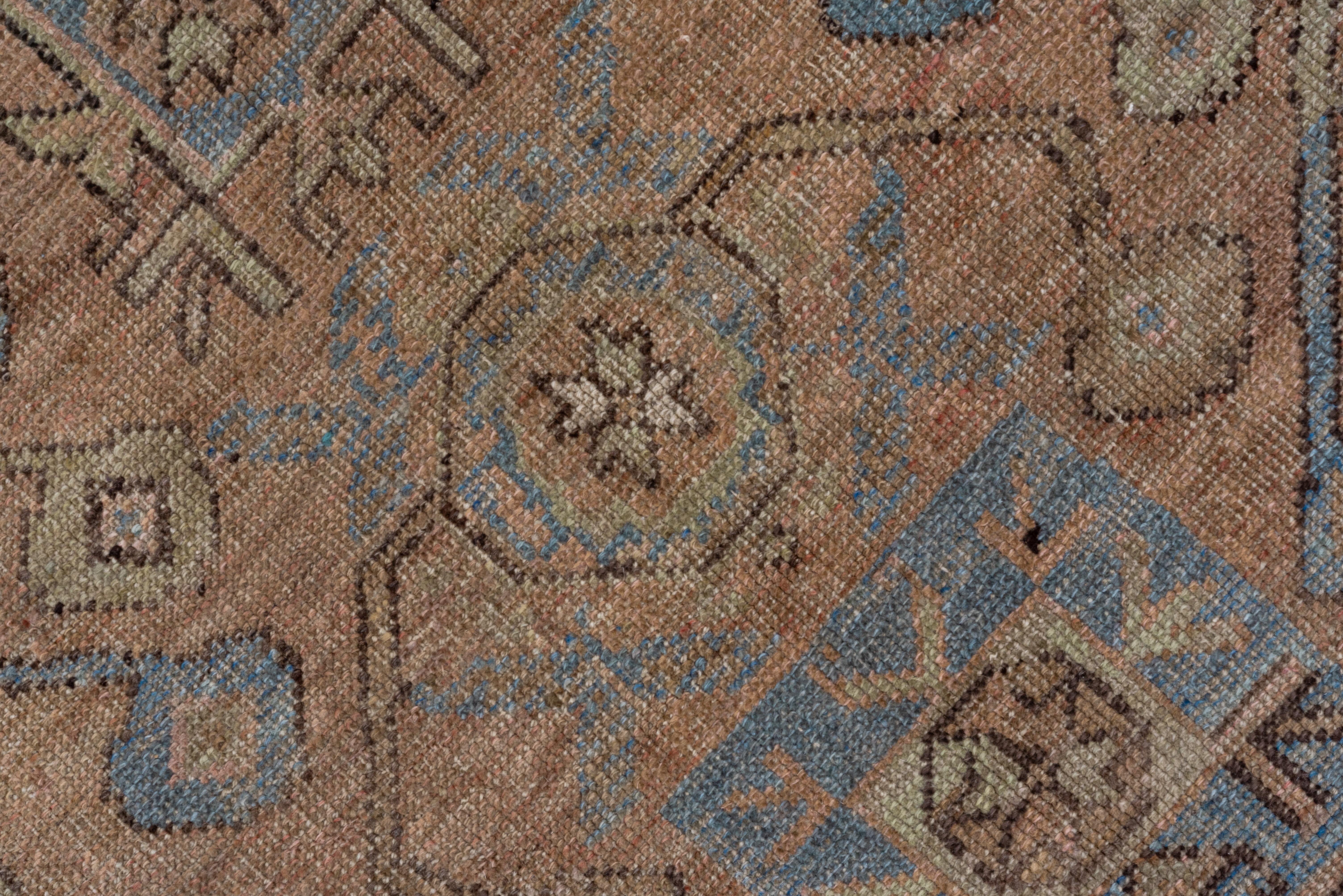 Wool Mid 20th Century Turkish Oushak Gallery Rug, Brown Field & Blue Accents For Sale