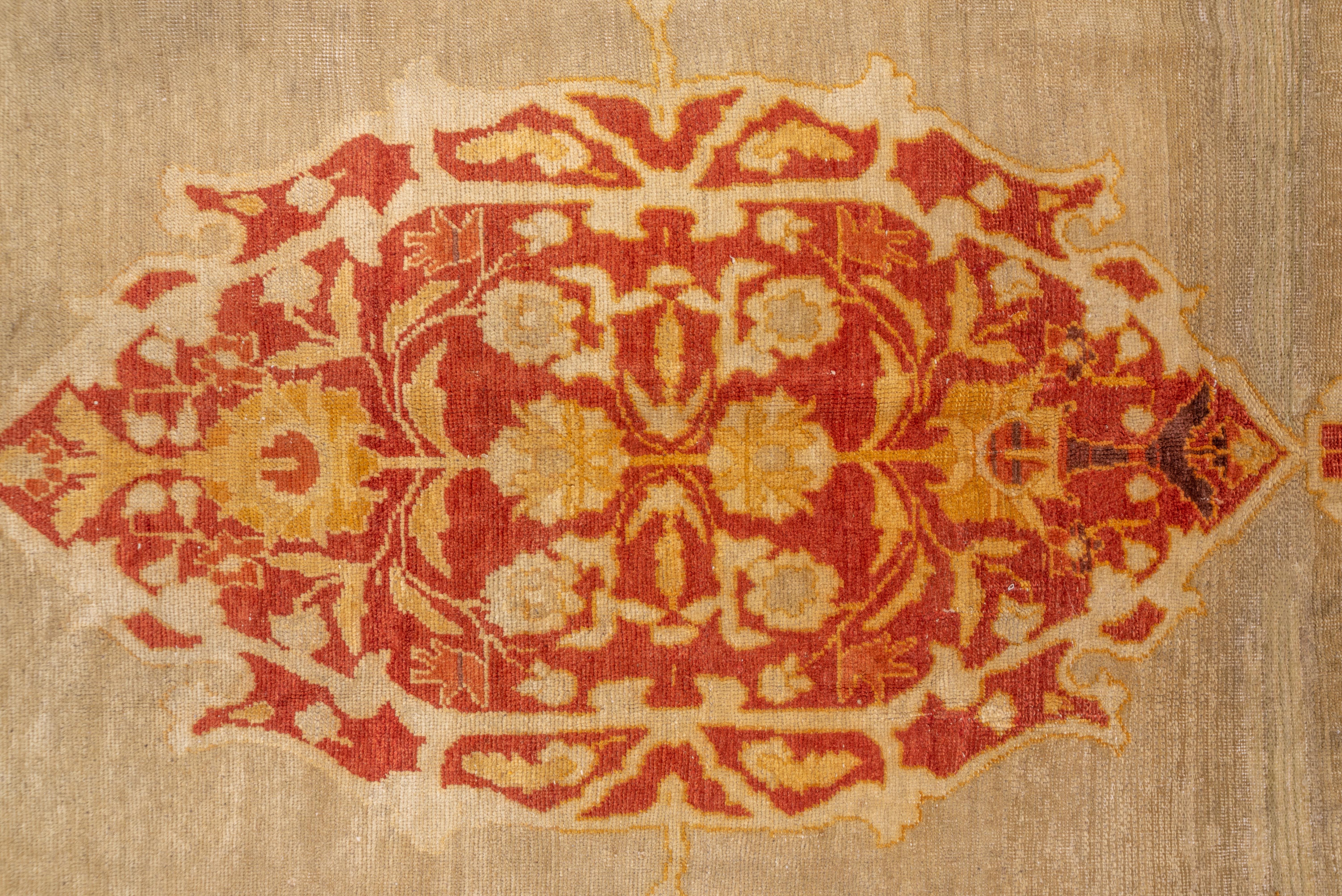 Mid-20th Century Turkish Oushak Rug, Light Green Outer Field, Red Medallion In Good Condition For Sale In New York, NY