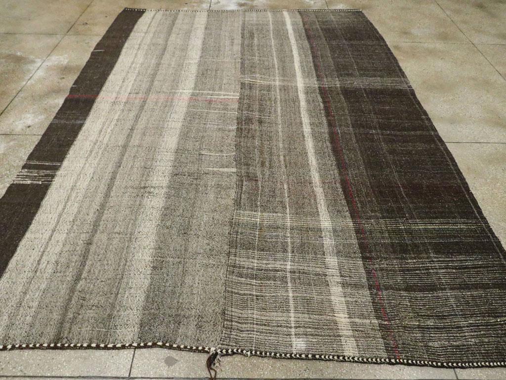 Goat Hair Mid-20th Century Turkish Tribal Kilim Room Size Carpet in Charcoal and Brown For Sale