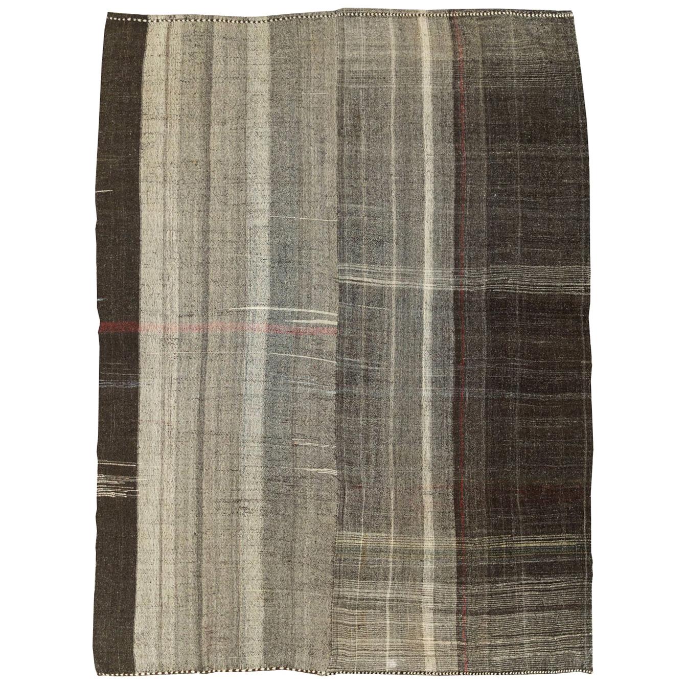 Mid-20th Century Turkish Tribal Kilim Room Size Carpet in Charcoal and Brown For Sale