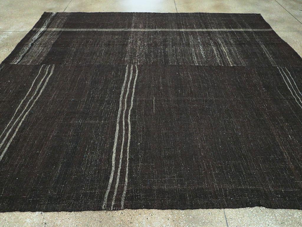 Mid-20th Century Turkish Tribal Kilim Square Room Size Carpet in Charcoal Black In Good Condition For Sale In New York, NY