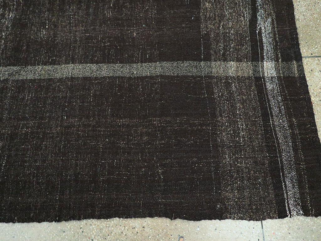 Goat Hair Mid-20th Century Turkish Tribal Kilim Square Room Size Carpet in Charcoal Black For Sale