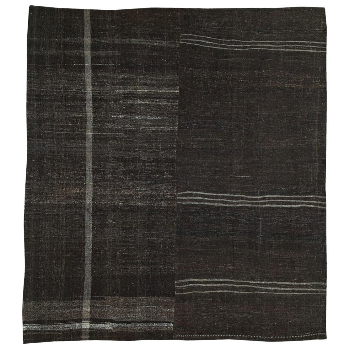 Mid-20th Century Turkish Tribal Kilim Square Room Size Carpet in Charcoal Black For Sale