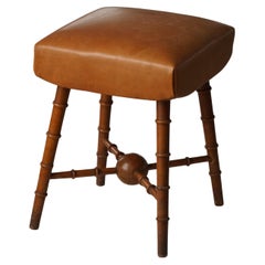 Mid 20th Century, Turned Wood Stool with Leather Seat, Danish Modern