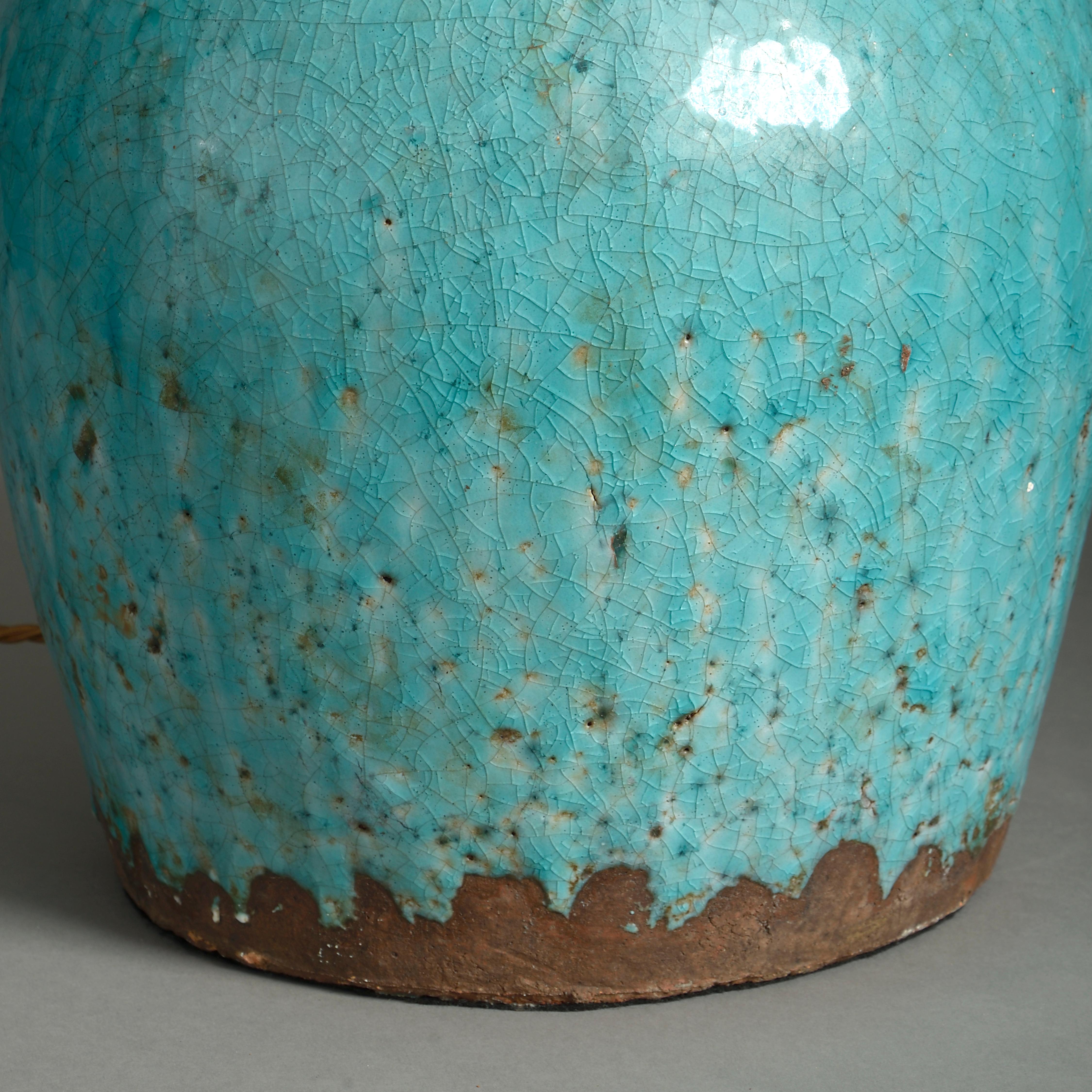 Organic Modern Mid-20th Century Turquoise Glazed Studio Pottery Vase Lamp
