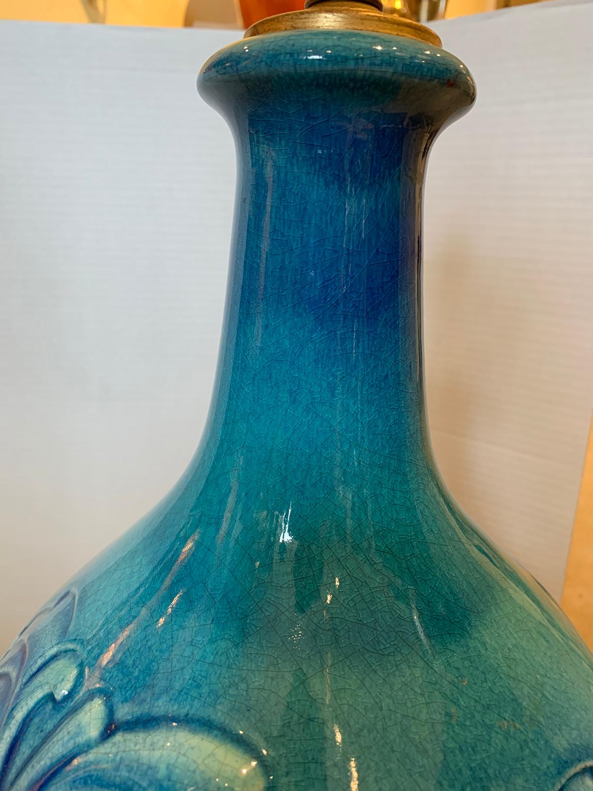 Mid-20th Century Turquoise Pottery Lamp with Floral Motif For Sale 8