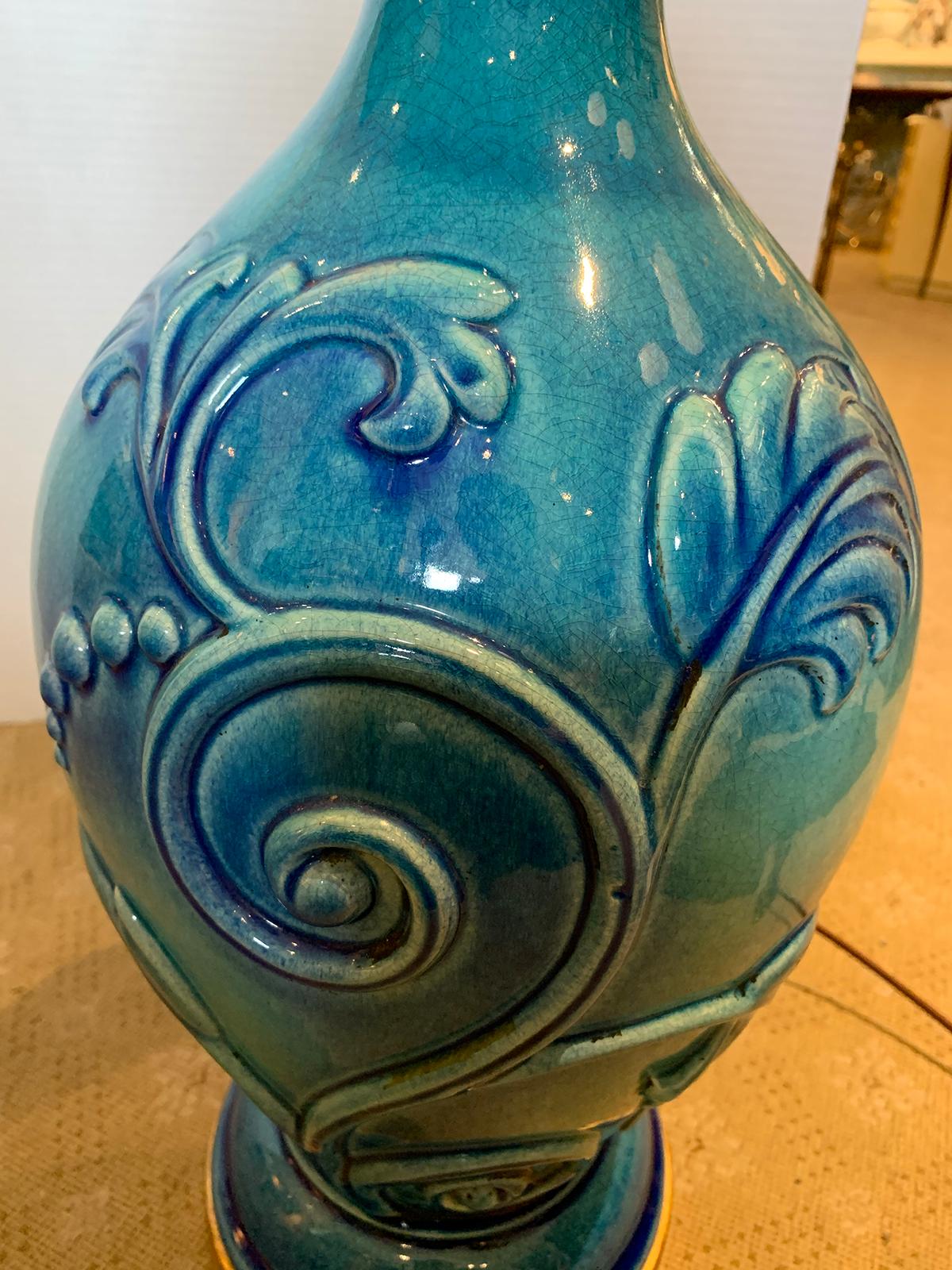 Mid-20th Century Turquoise Pottery Lamp with Floral Motif For Sale 9