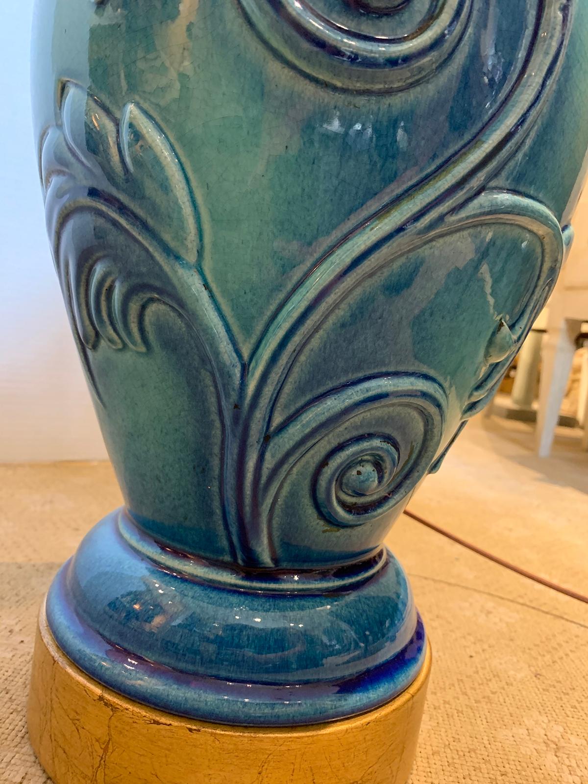 Mid-20th Century Turquoise Pottery Lamp with Floral Motif For Sale 10