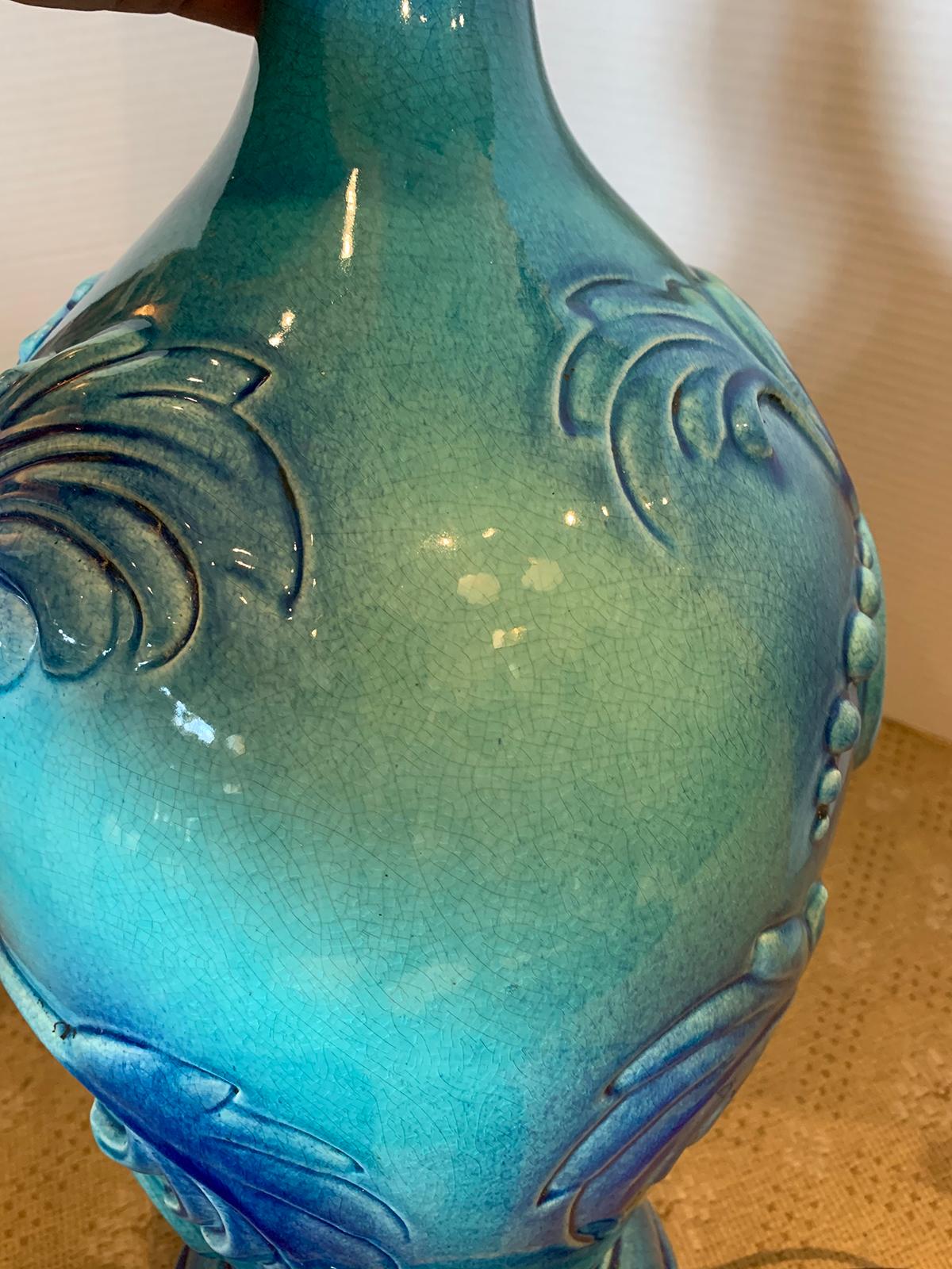 Mid-20th Century Turquoise Pottery Lamp with Floral Motif For Sale 13