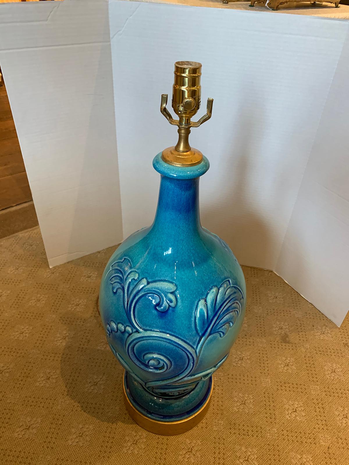Mid-20th Century Turquoise Pottery Lamp with Floral Motif For Sale 14
