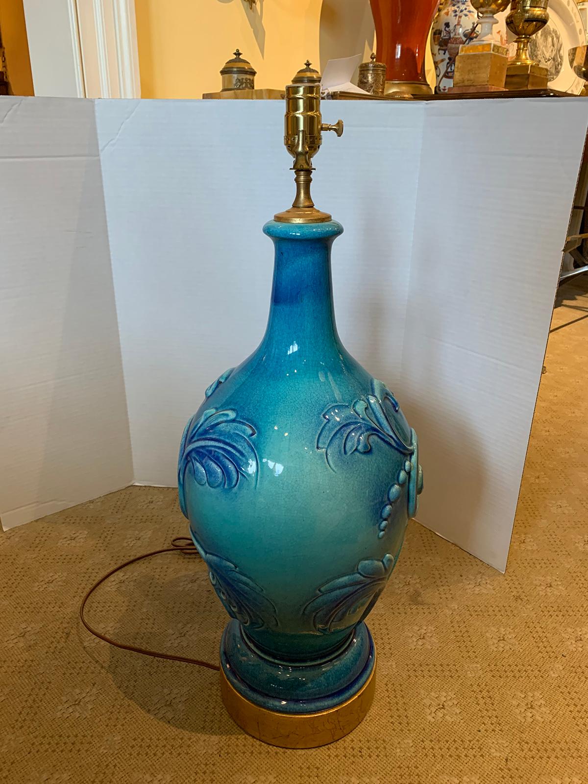 Mid-20th Century Turquoise Pottery Lamp with Floral Motif For Sale 1