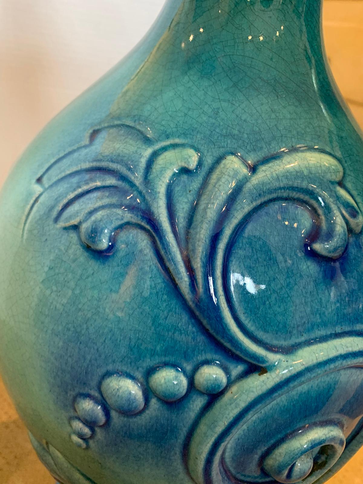 Mid-20th Century Turquoise Pottery Lamp with Floral Motif For Sale 4