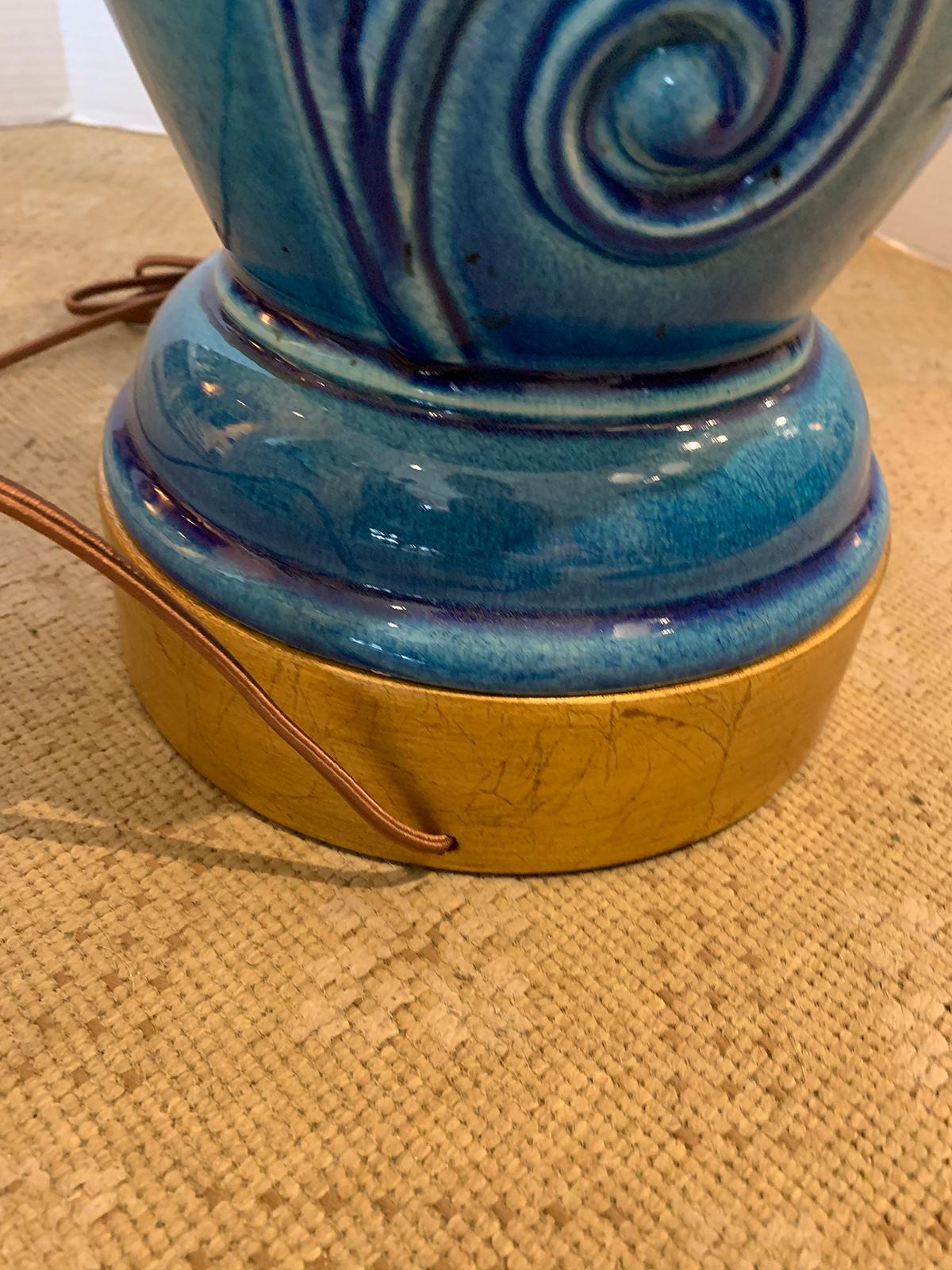 Mid-20th Century Turquoise Pottery Lamp with Floral Motif For Sale 5