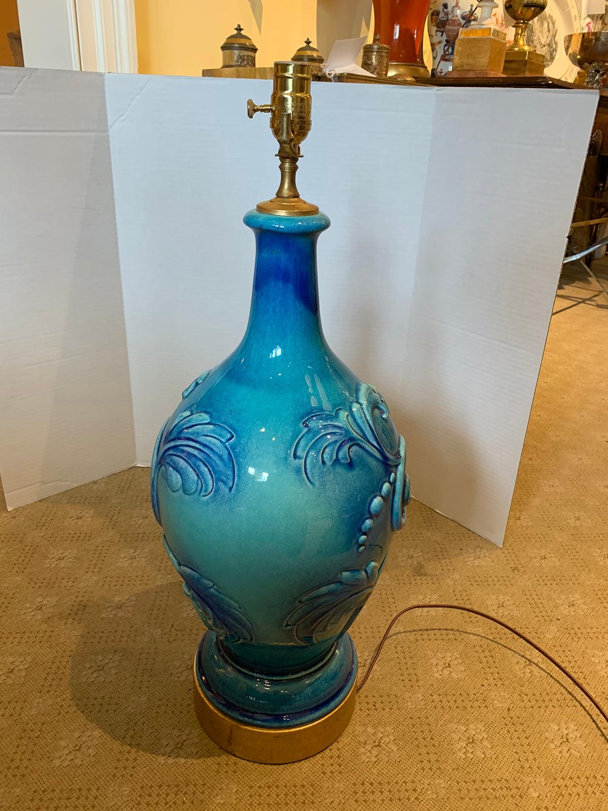Mid-20th Century Turquoise Pottery Lamp with Floral Motif For Sale 6