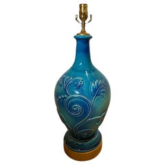 Mid-20th Century Turquoise Pottery Lamp with Floral Motif