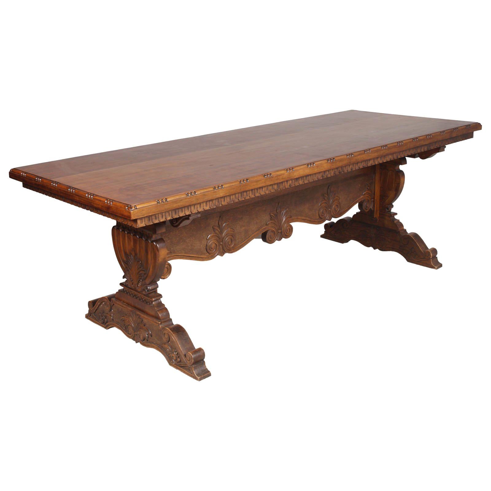 Mid 20th Century Tuscany Renaissance Dining Table, Hand Carved Solid Walnut