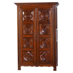 Retro Mid-20th Century Two-Door Continental Carved Oak Armoire