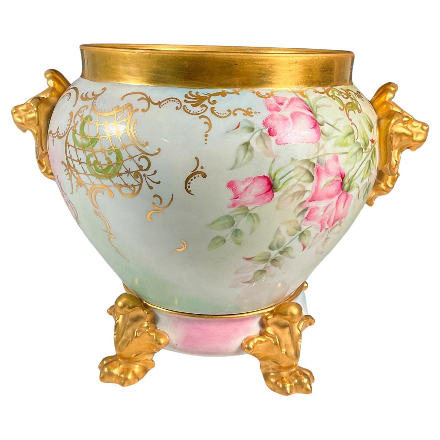 Victorian Mid 20th Century Two Piece Limoges Porcelain Pink & Gold Jardiniere / Stand For Sale