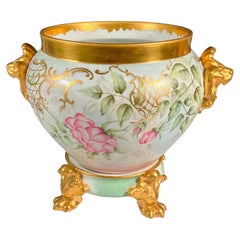 Retro Mid 20th Century Two Piece Limoges Porcelain Pink & Gold Jardiniere / Stand
