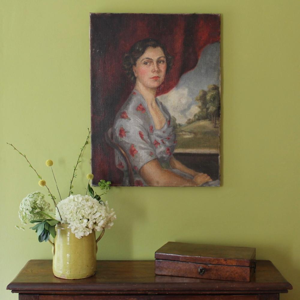 Mid-20th century, decorative portrait study of a seated lady by Lydia de Burgh RUA UWS. In 1955 Lydia de Burgh was the first resident Irish artist commissioned to paint Her Majesty the Queen. The painting is an unframed oil on canvas and is in good