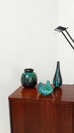 Vase du milieu du 20e siècle en céramique vert lave grasse de mer, style Raku, Allemagne de l'Ouest