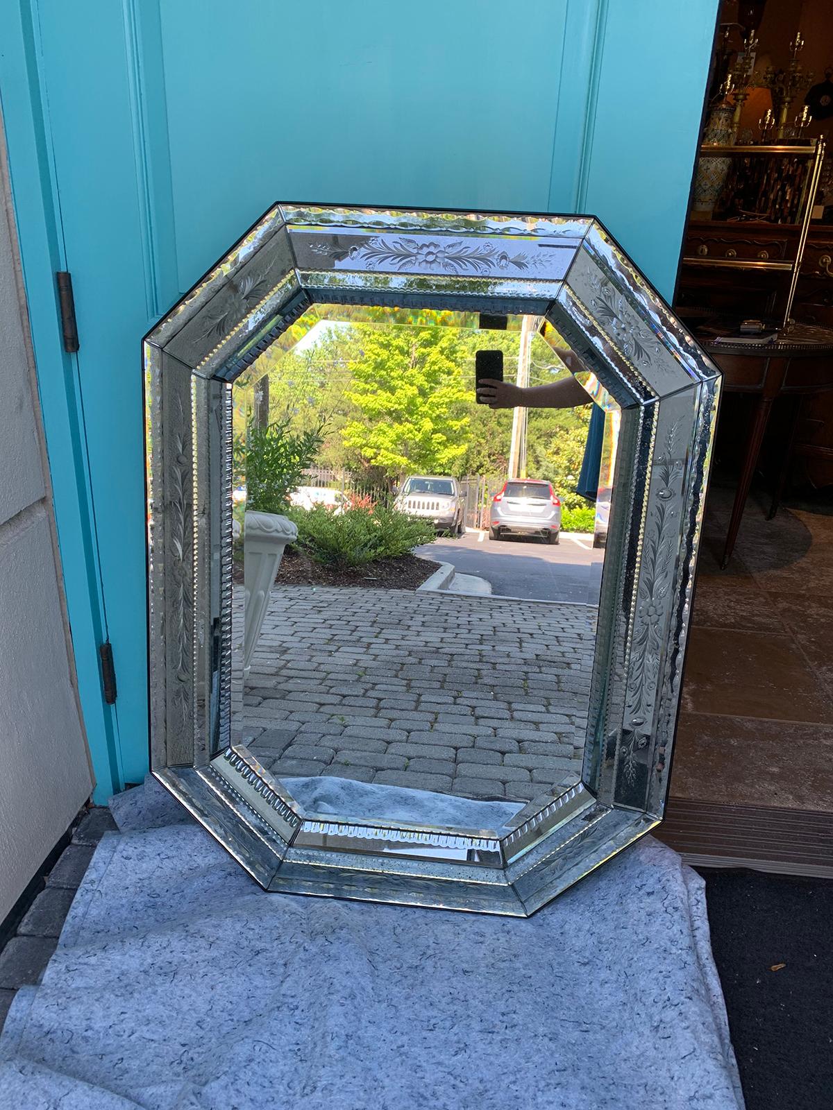 Mid-20th century Venetian etched glass mirror with floral motif.