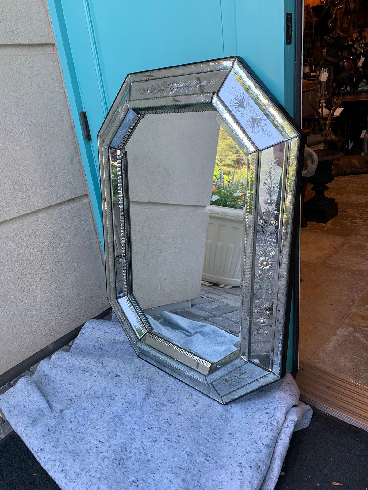 Mid-20th Century Venetian Etched Glass Mirror with Floral Motif In Good Condition In Atlanta, GA