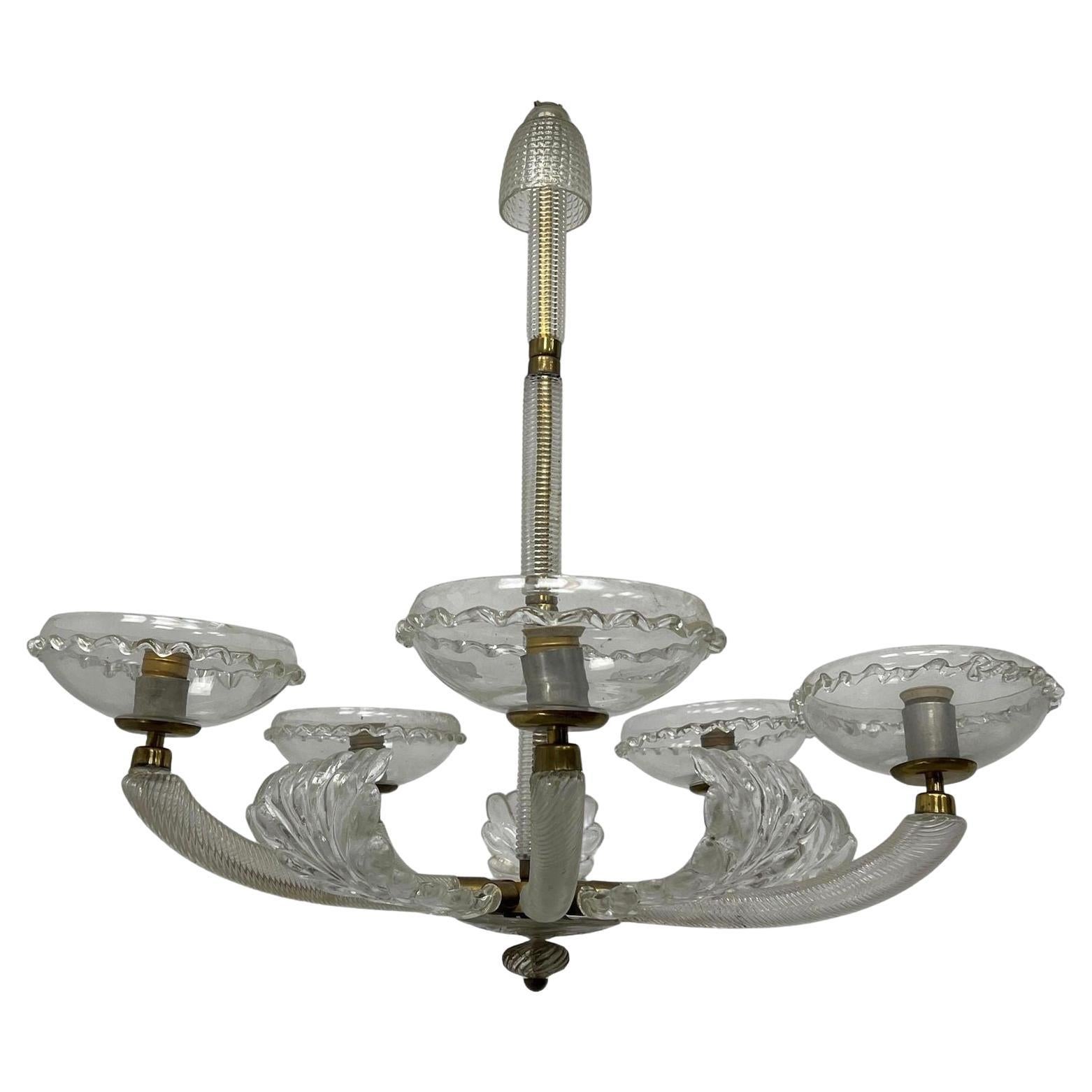 Lustre en verre d'art de Murano vénitien du milieu du 20e siècle de style Barovier à 5 bras