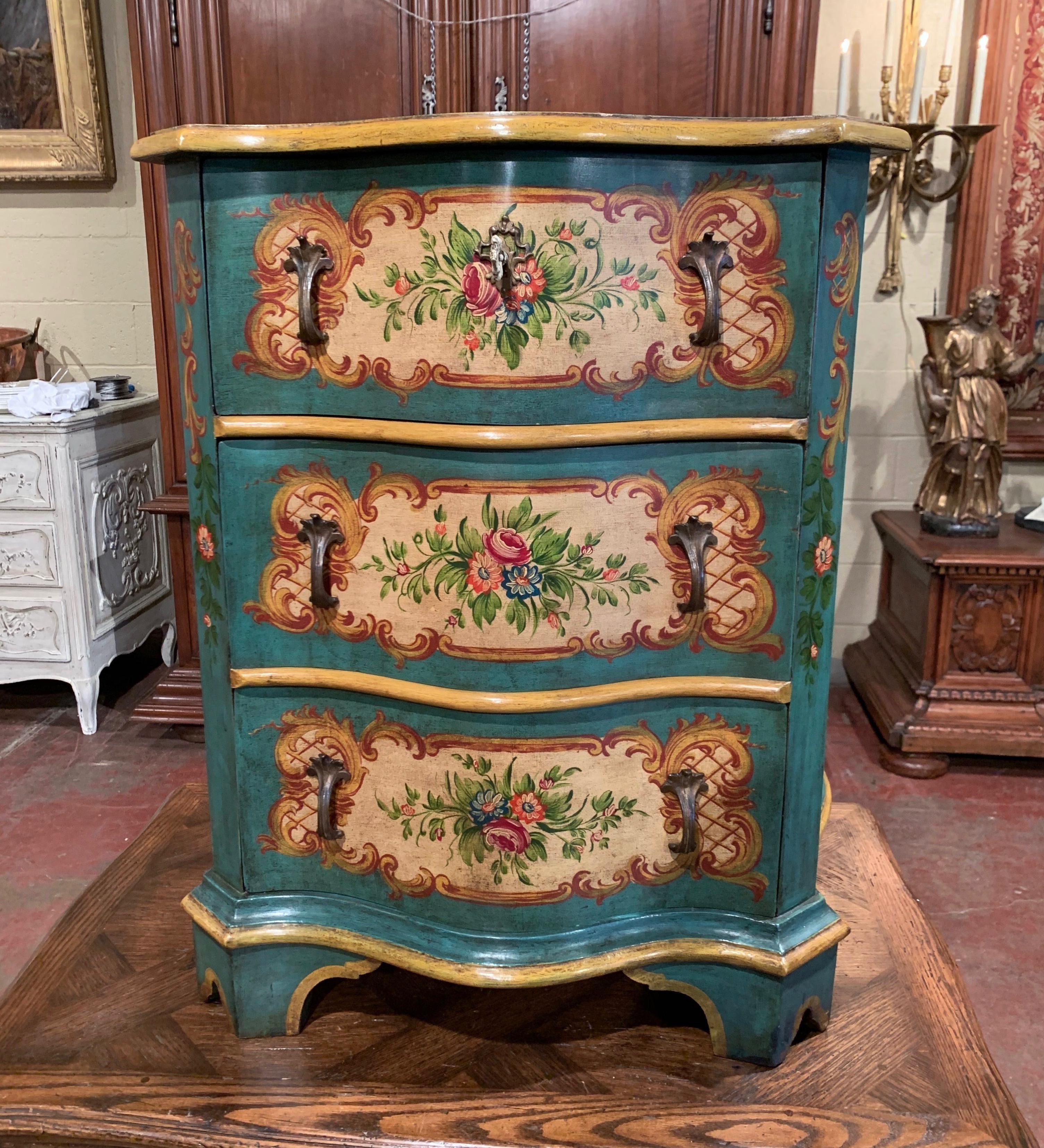 Italian Mid-20th Century Venetian Serpentine Chest of Drawers with Painted Floral Decor