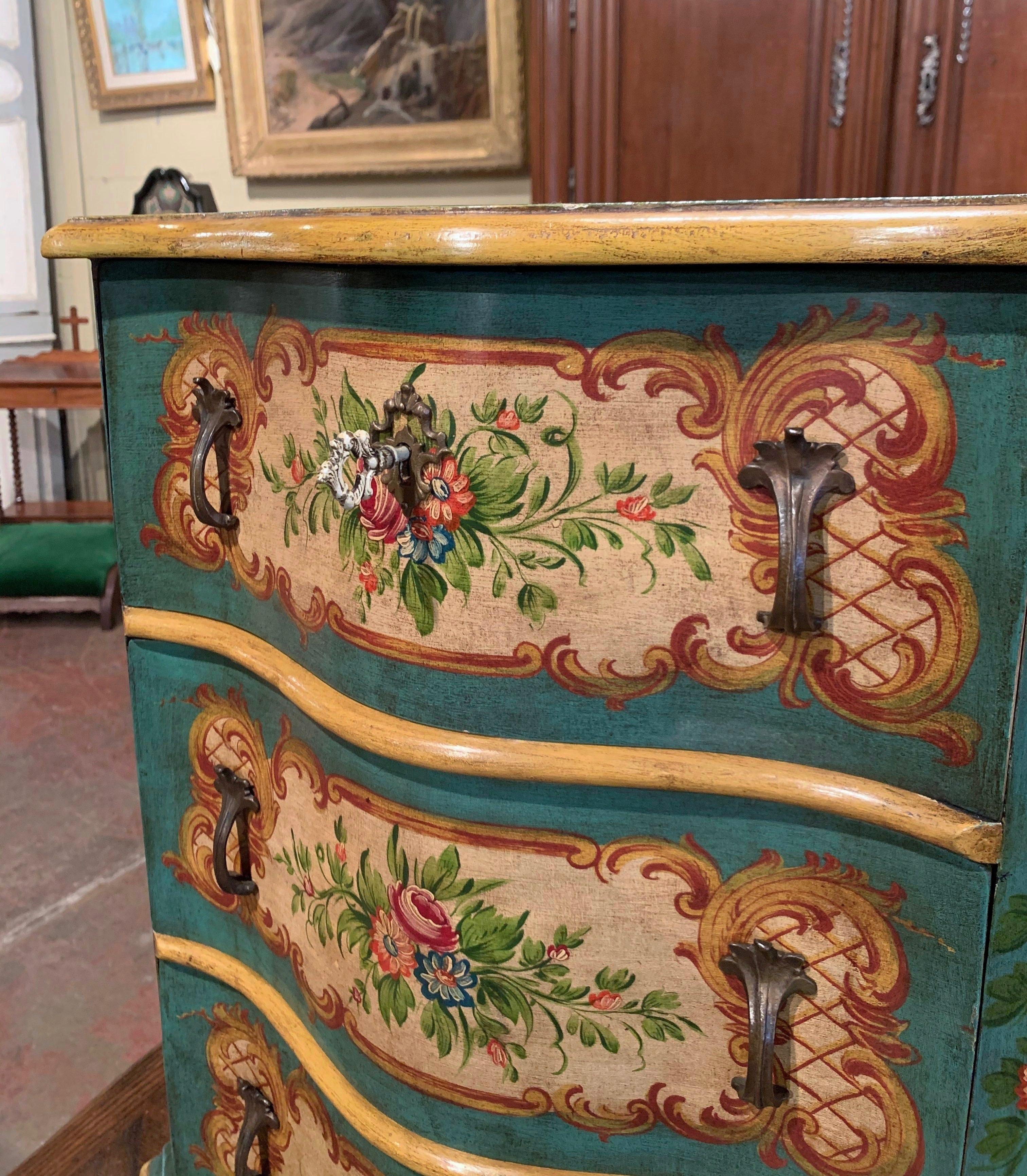 Hand-Carved Mid-20th Century Venetian Serpentine Chest of Drawers with Painted Floral Decor