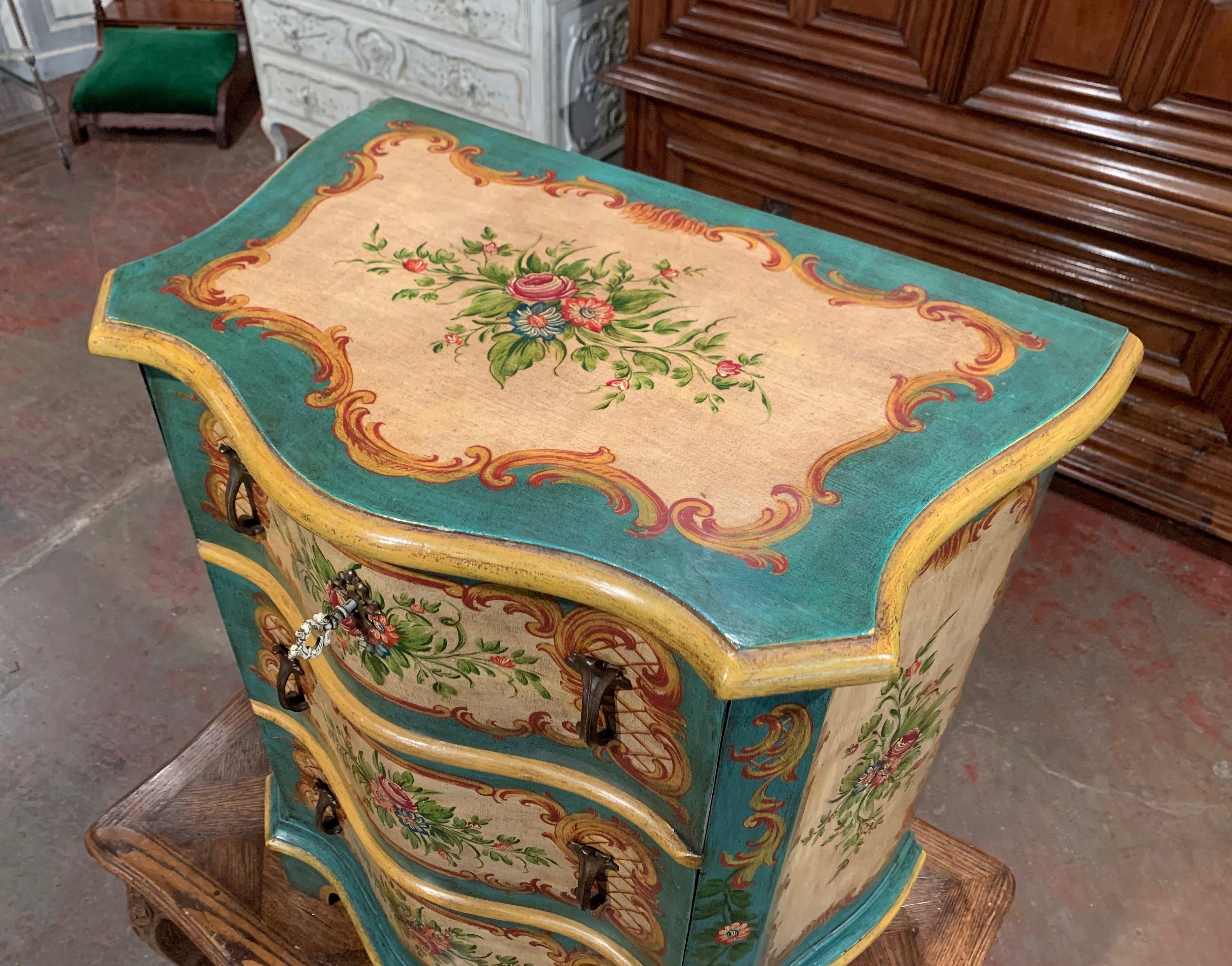 Oak Mid-20th Century Venetian Serpentine Chest of Drawers with Painted Floral Decor