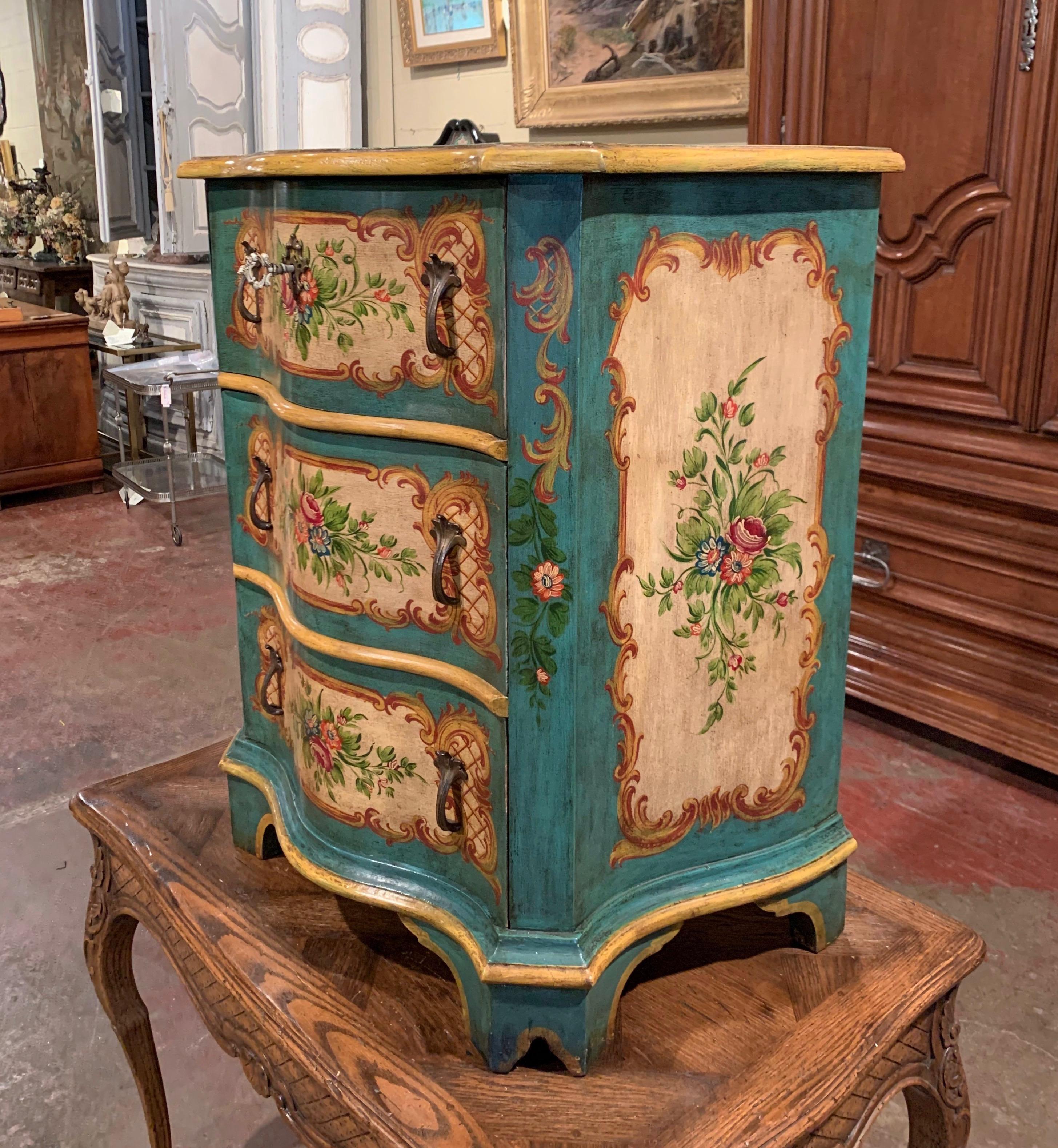 Mid-20th Century Venetian Serpentine Chest of Drawers with Painted Floral Decor 1