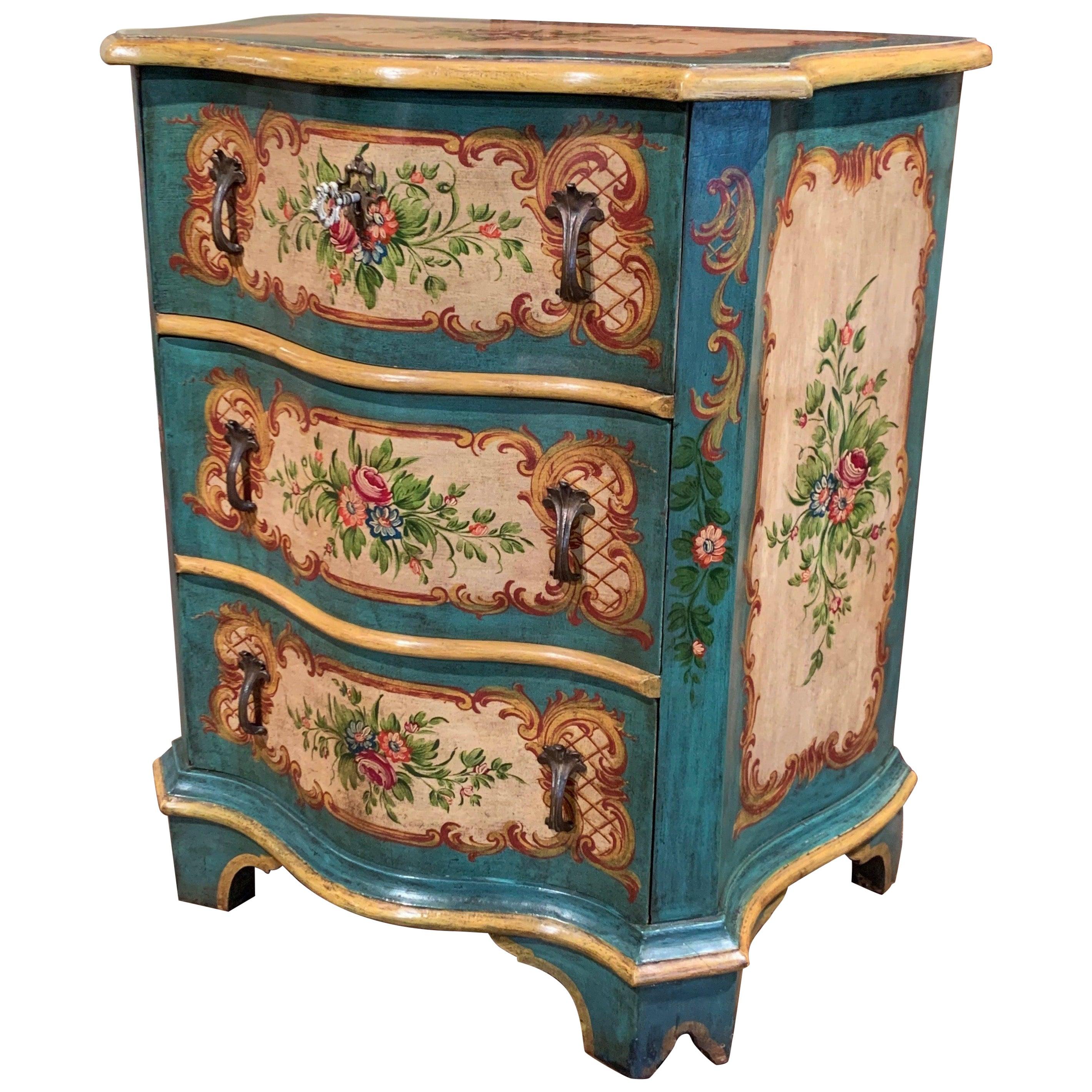 Mid-20th Century Venetian Serpentine Chest of Drawers with Painted Floral Decor
