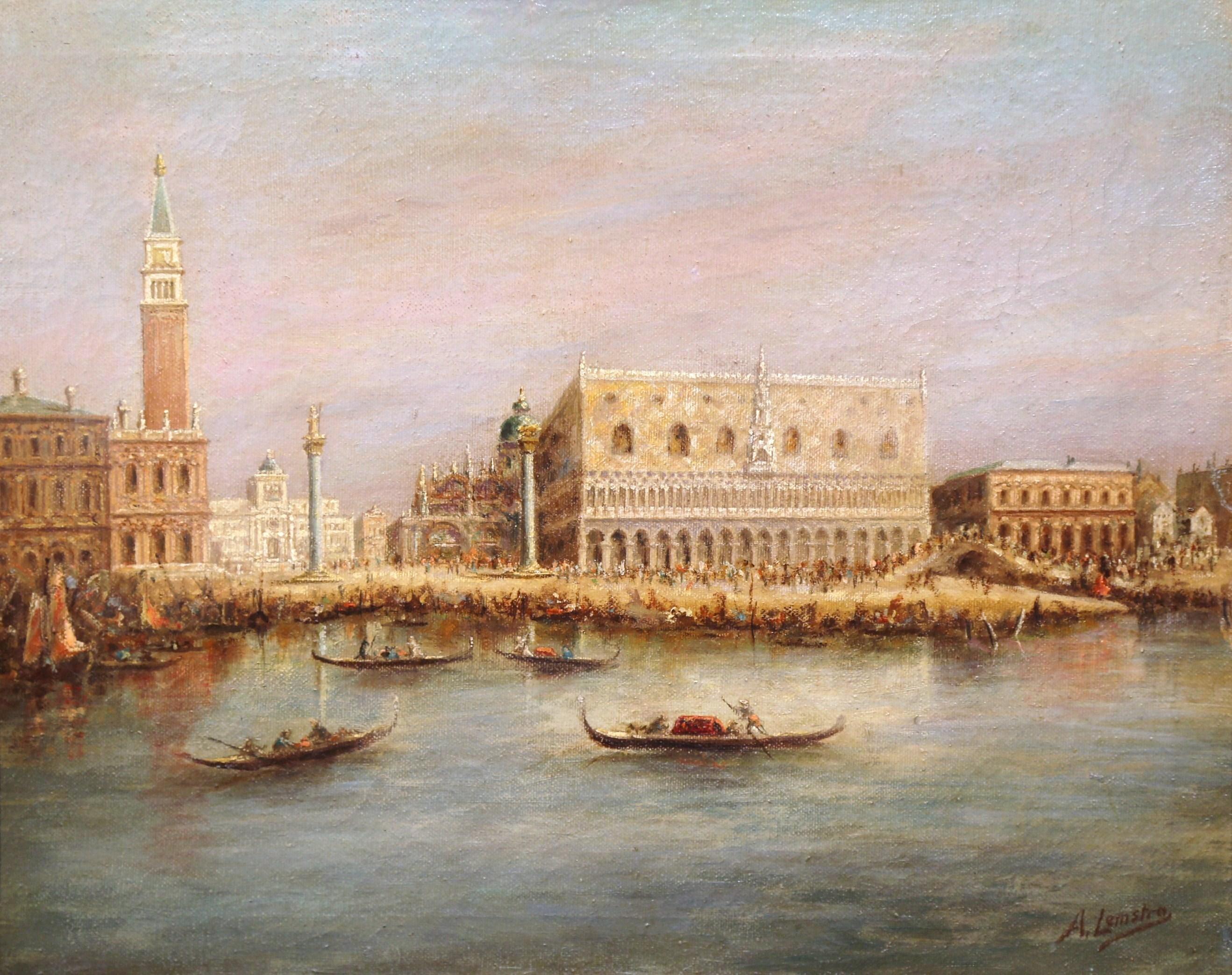 This beautiful, antique painting on canvas was painted in Italy, circa 1959. The artwork features a Classic, Venetian scene; the scene shows a waterfront view of the Doge's Palace with gondolas in the foreground. The Classic, Italian cityscape