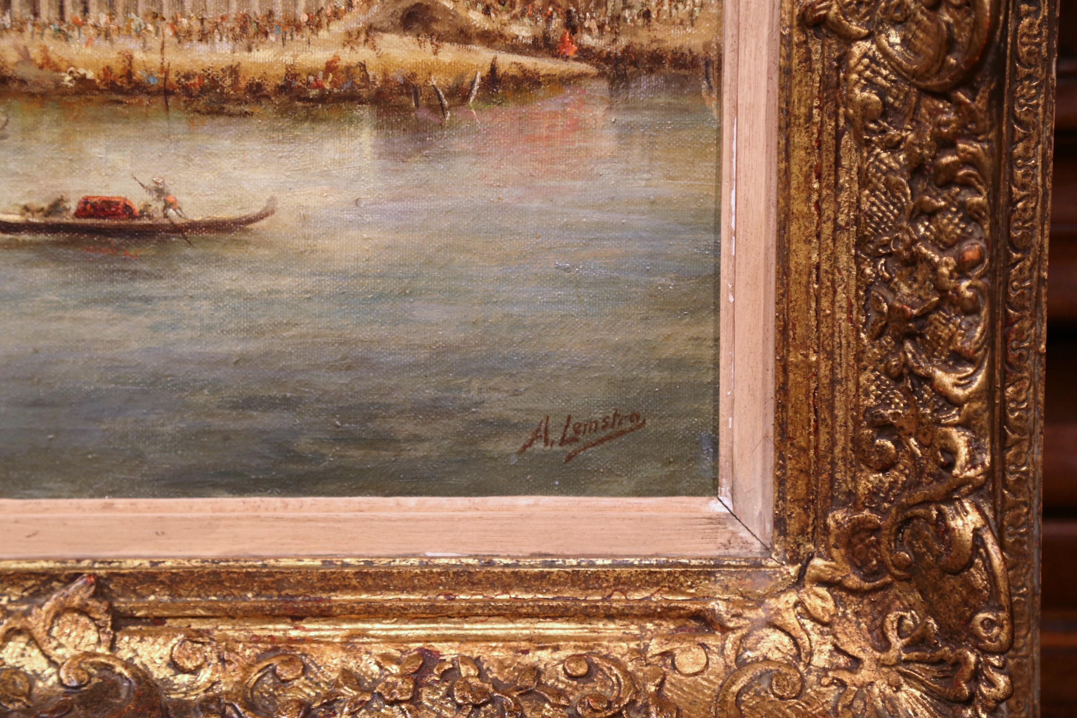 Néerlandais Peinture à l'huile de Venise du milieu du 20e siècle dans un cadre doré signé A. Lemstra et datée de 1959 en vente