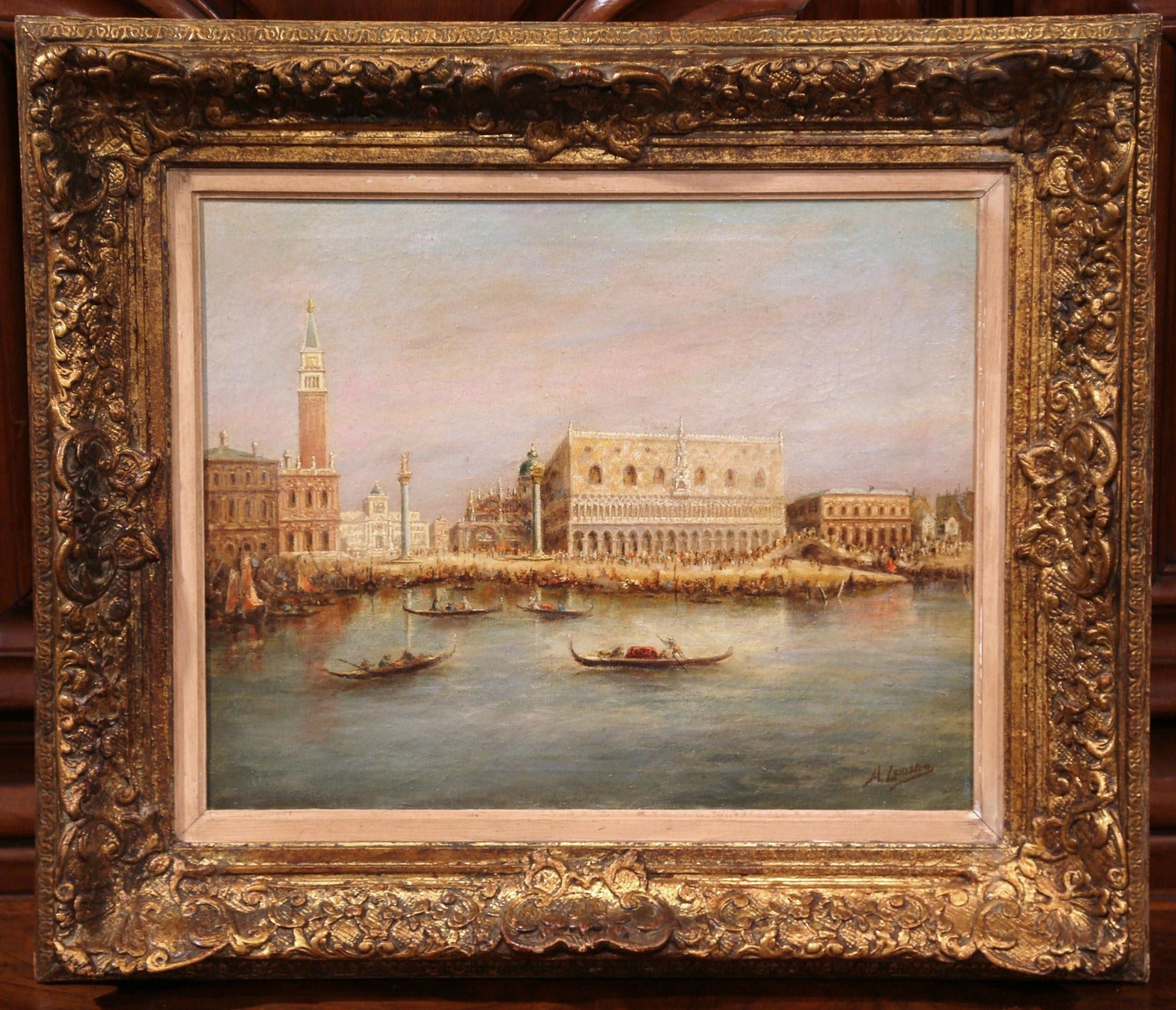 Peinture à l'huile de Venise du milieu du 20e siècle dans un cadre doré signé A. Lemstra et datée de 1959 Excellent état - En vente à Dallas, TX