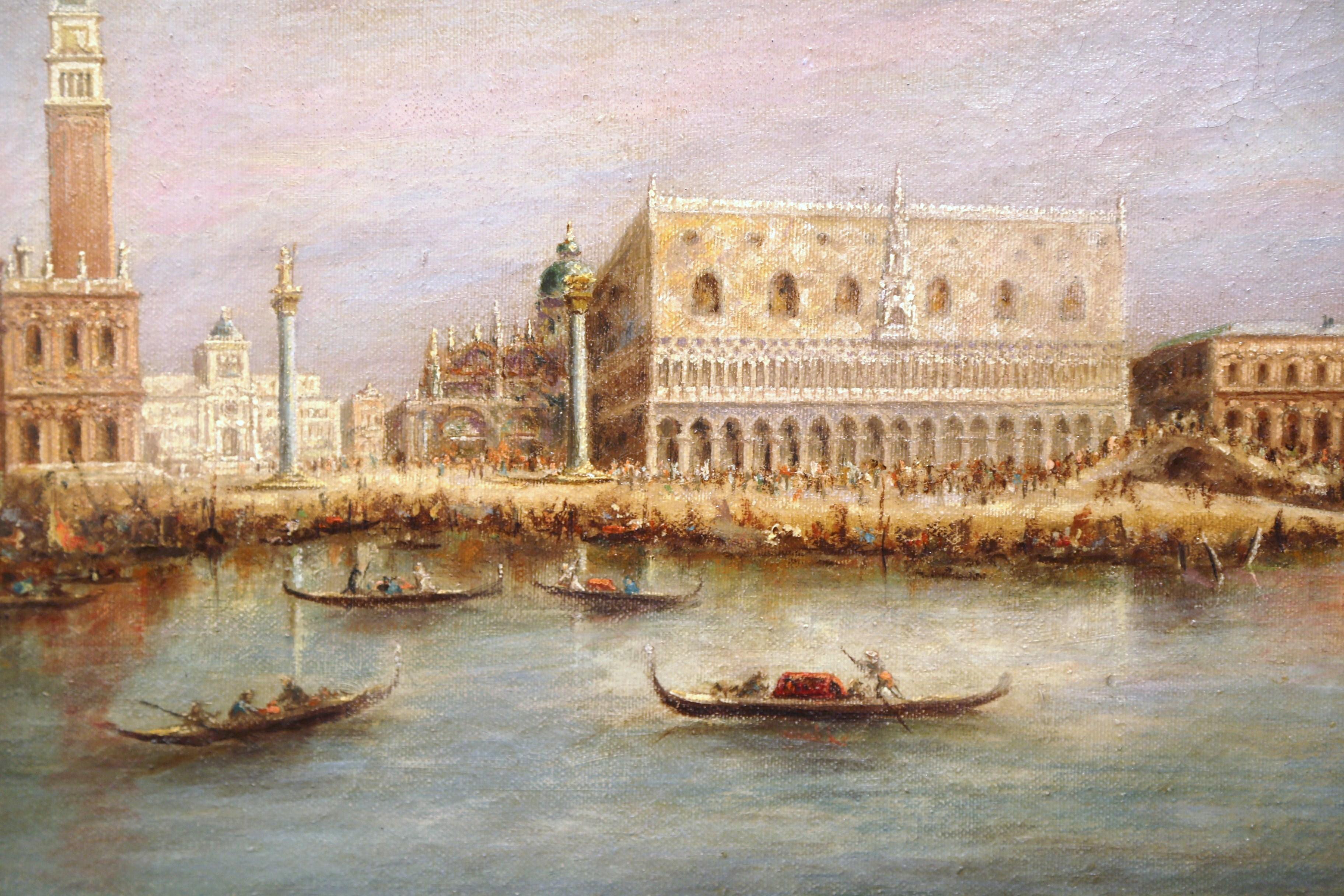 20ième siècle Peinture à l'huile de Venise du milieu du 20e siècle dans un cadre doré signé A. Lemstra et datée de 1959 en vente